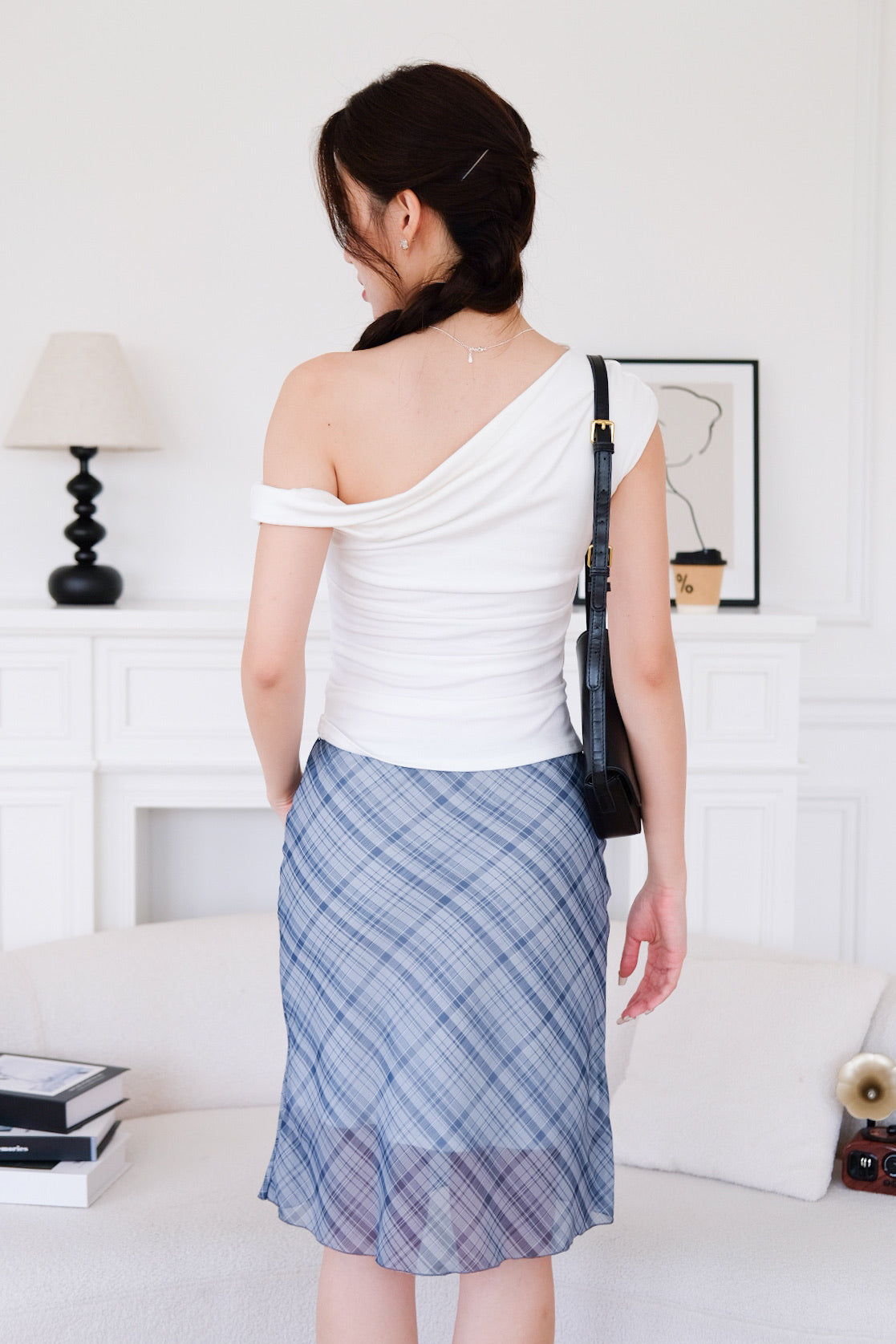 Clarise Mini Bow Knee Length Flare Skirt (Tartan Blue)