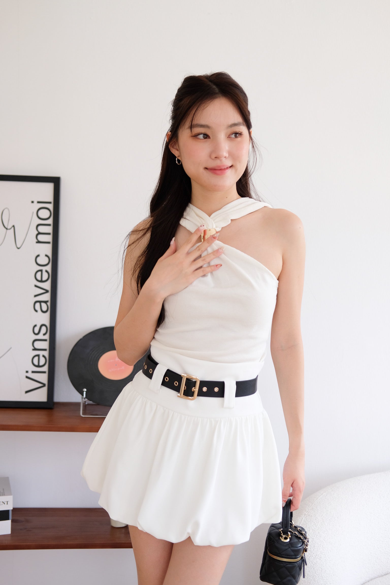 Suezette Halter Gold Ornament Knit Top (Cream)