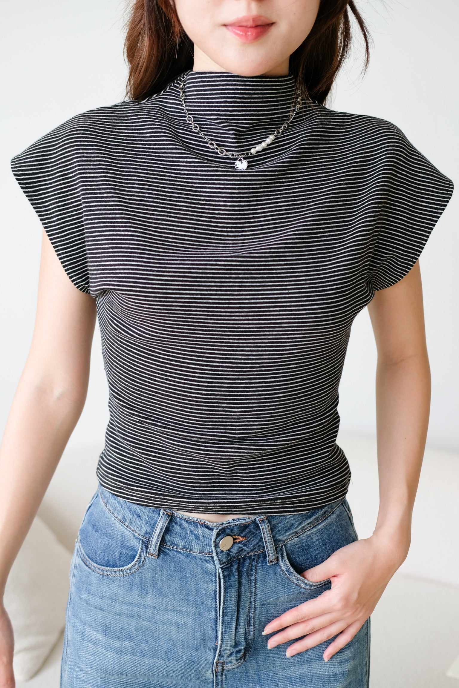 Lucca Batwing High Neck Shirt (Black Stripes)