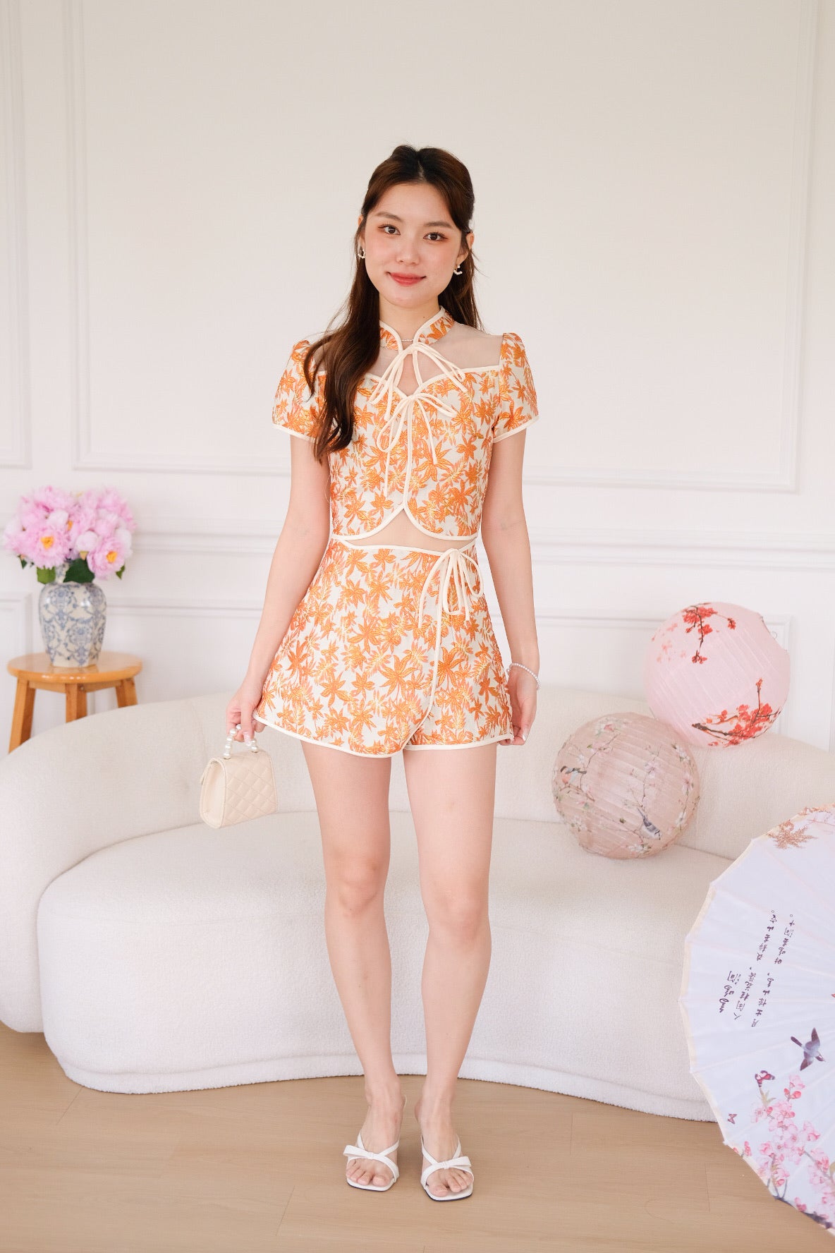 财源滚滚 Fortune Ribbon Floral Cheongsam Set (Tangerine)