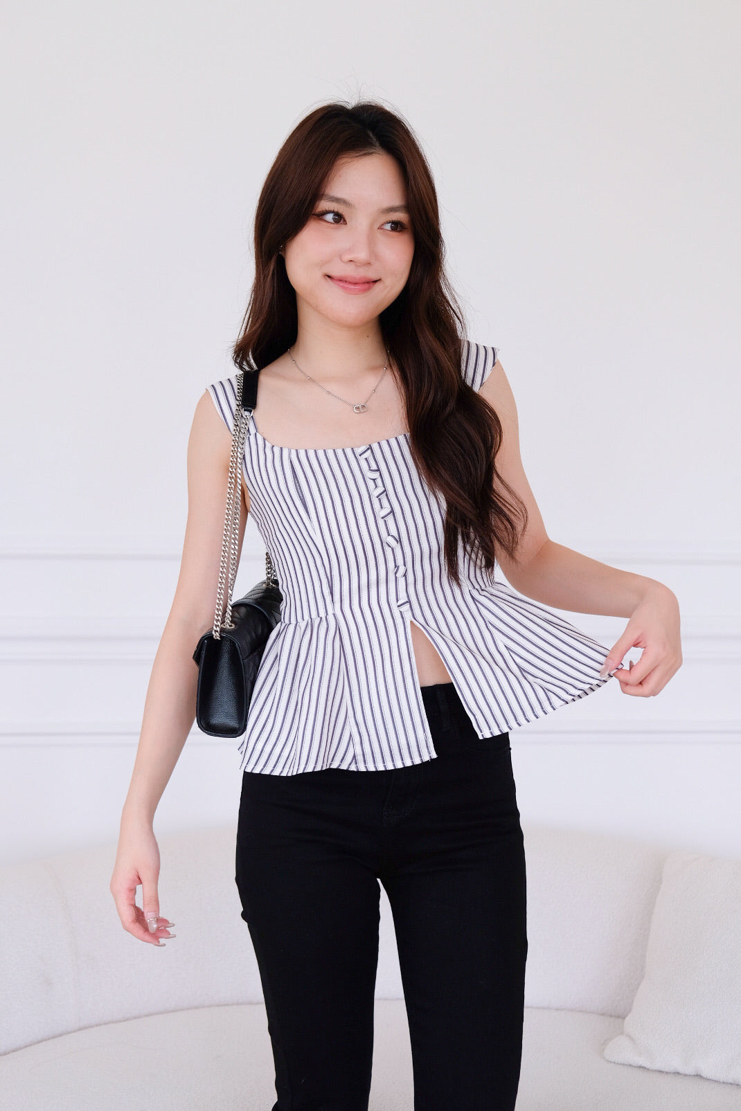 Naylie Peplum Front Slit Top (Blue Stripes)