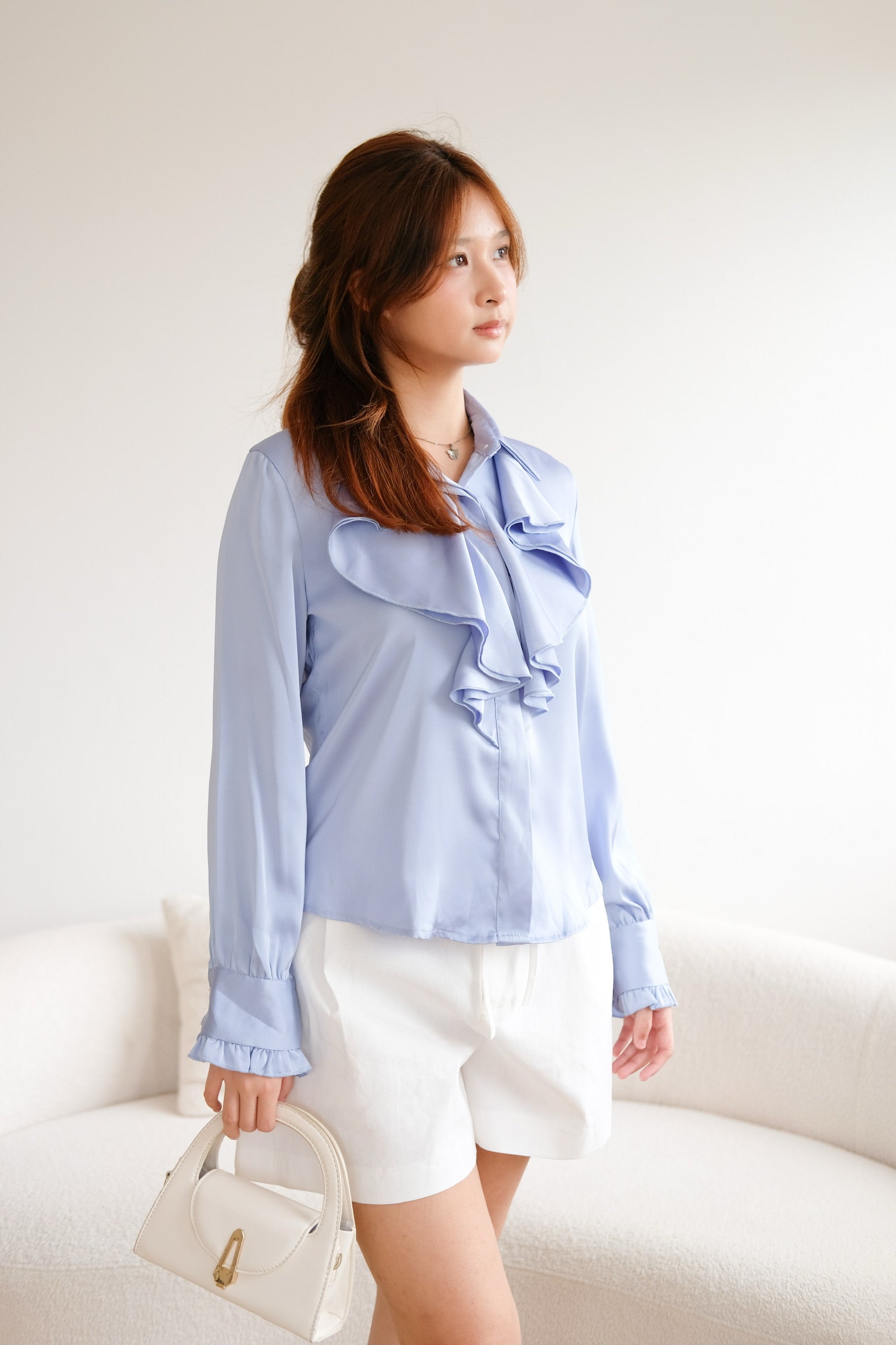 Satin Ruffle Buttons Collared Top (Light Blue)