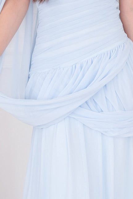 Jasmine Ruched Mesh Off Shoulder Maxi Dress (Sky Blue)