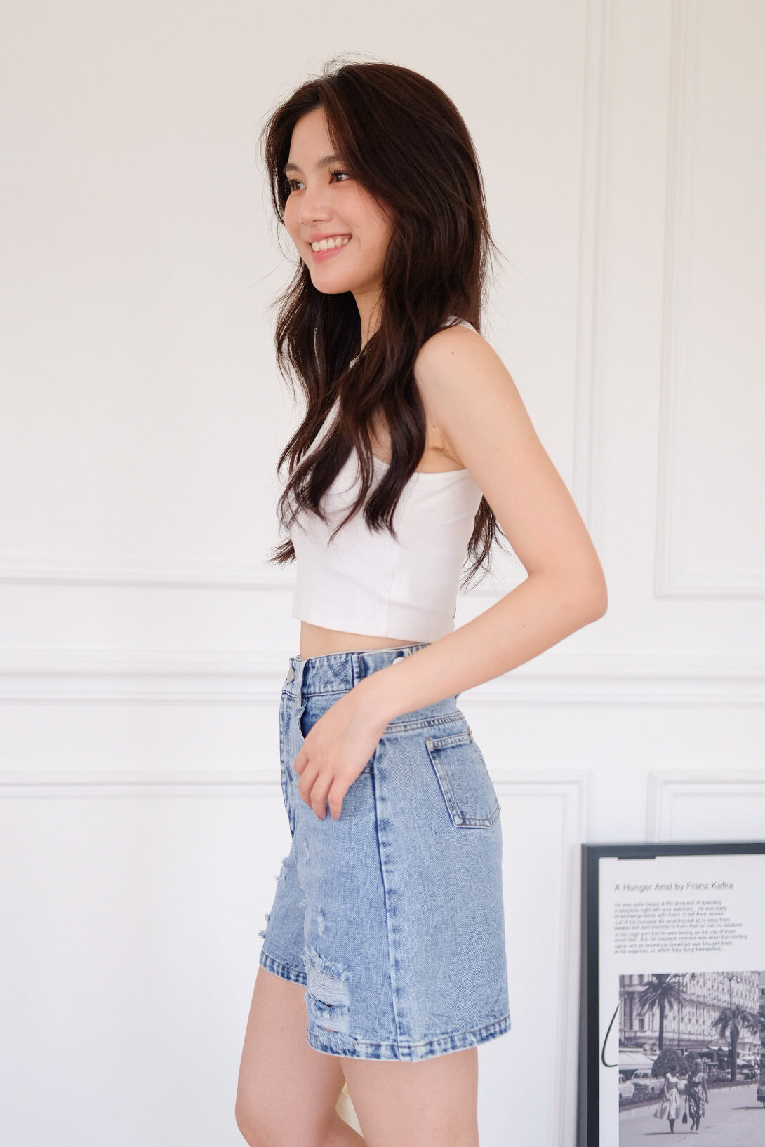 Easy Going Ripped Denim Mom Shorts (Mid Blue)