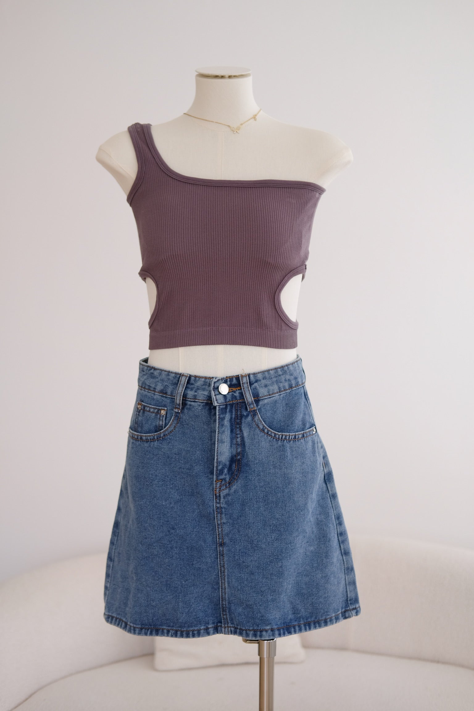 One-Shoulder Padded Cutout Knit Top (Grey)