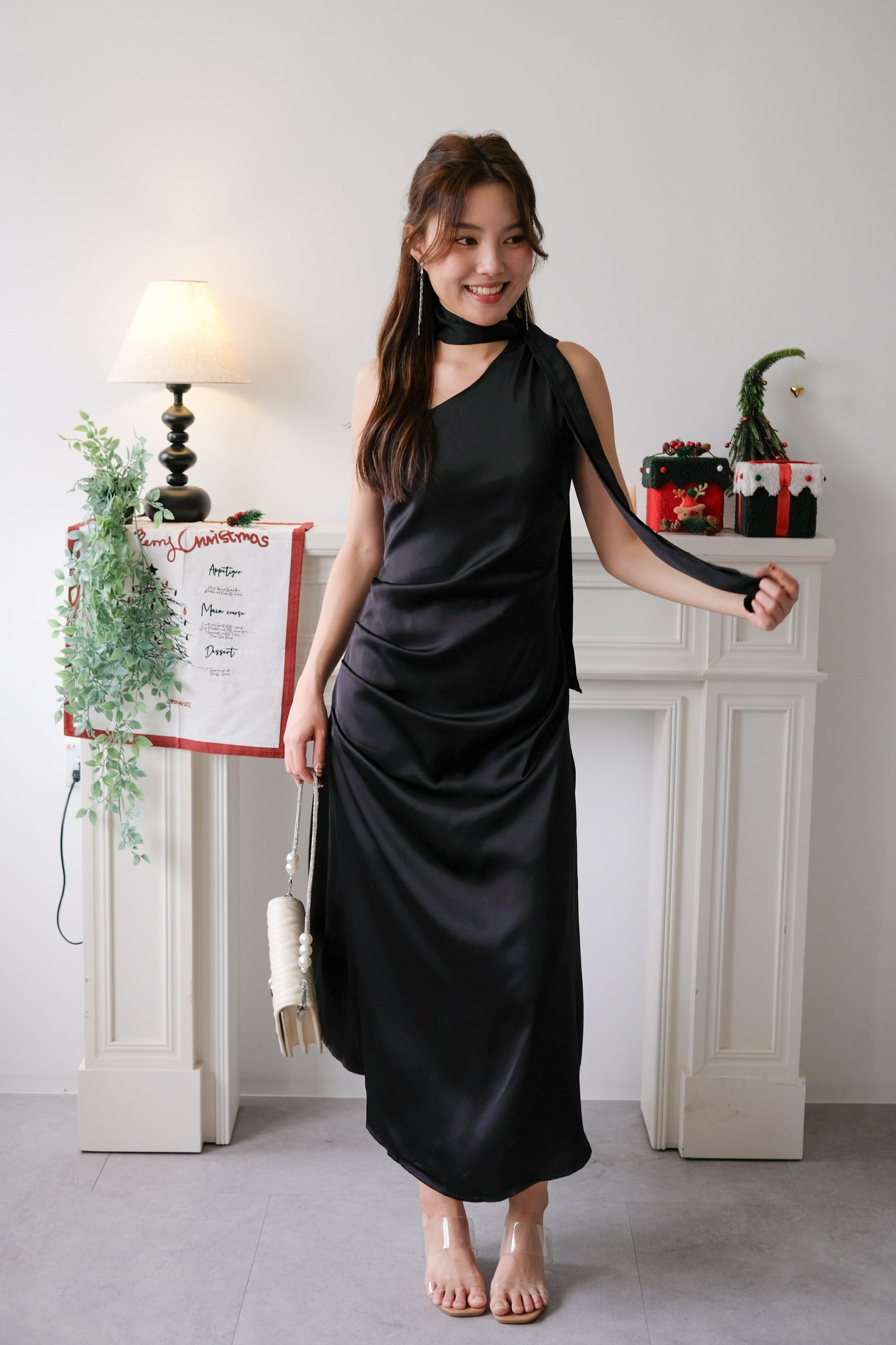 Caelyn Satin Toga Dinner Dress (Black)