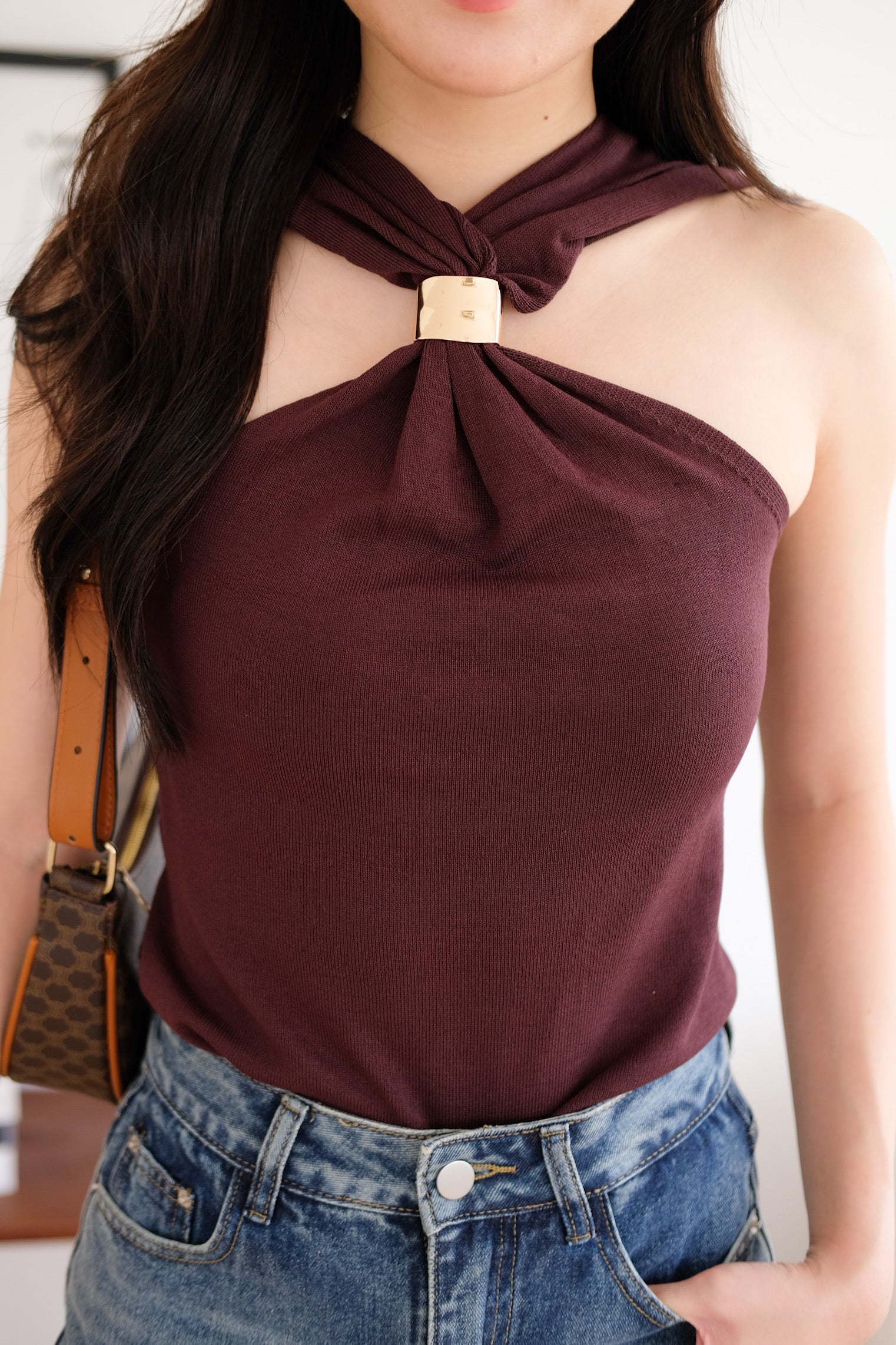 Suezette Halter Gold Ornament Knit Top (Brown)