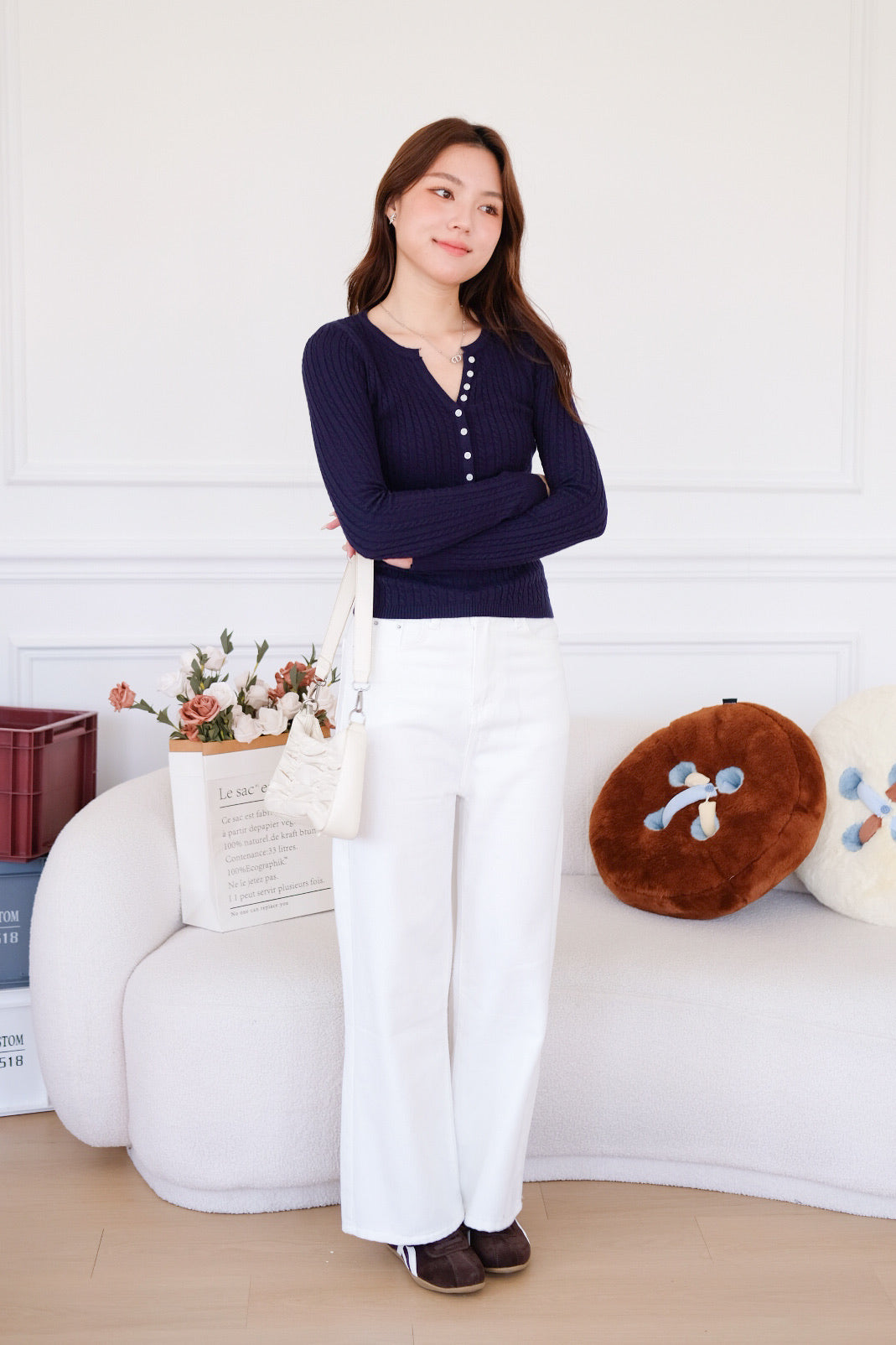 Cecily Buttoned Long Sleeves Knit Top (Navy Blue)