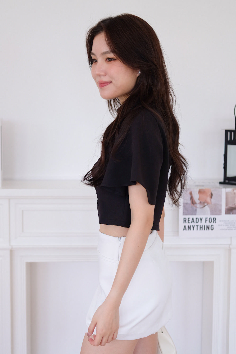 Veena Flutter Sleeves High Neck Top (Black)