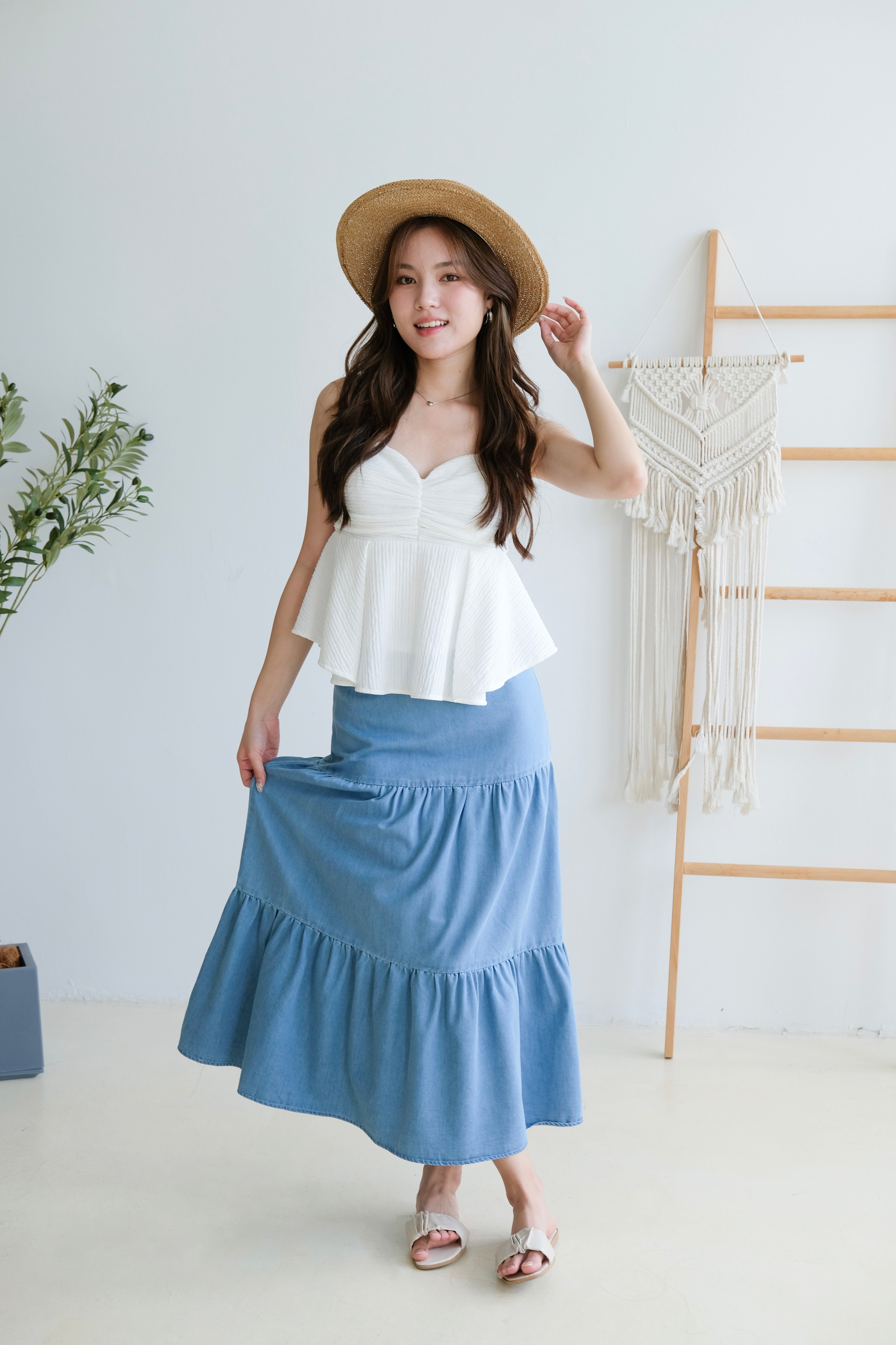 Sharon Tiered Denim Maxi Skirt (Light Blue)