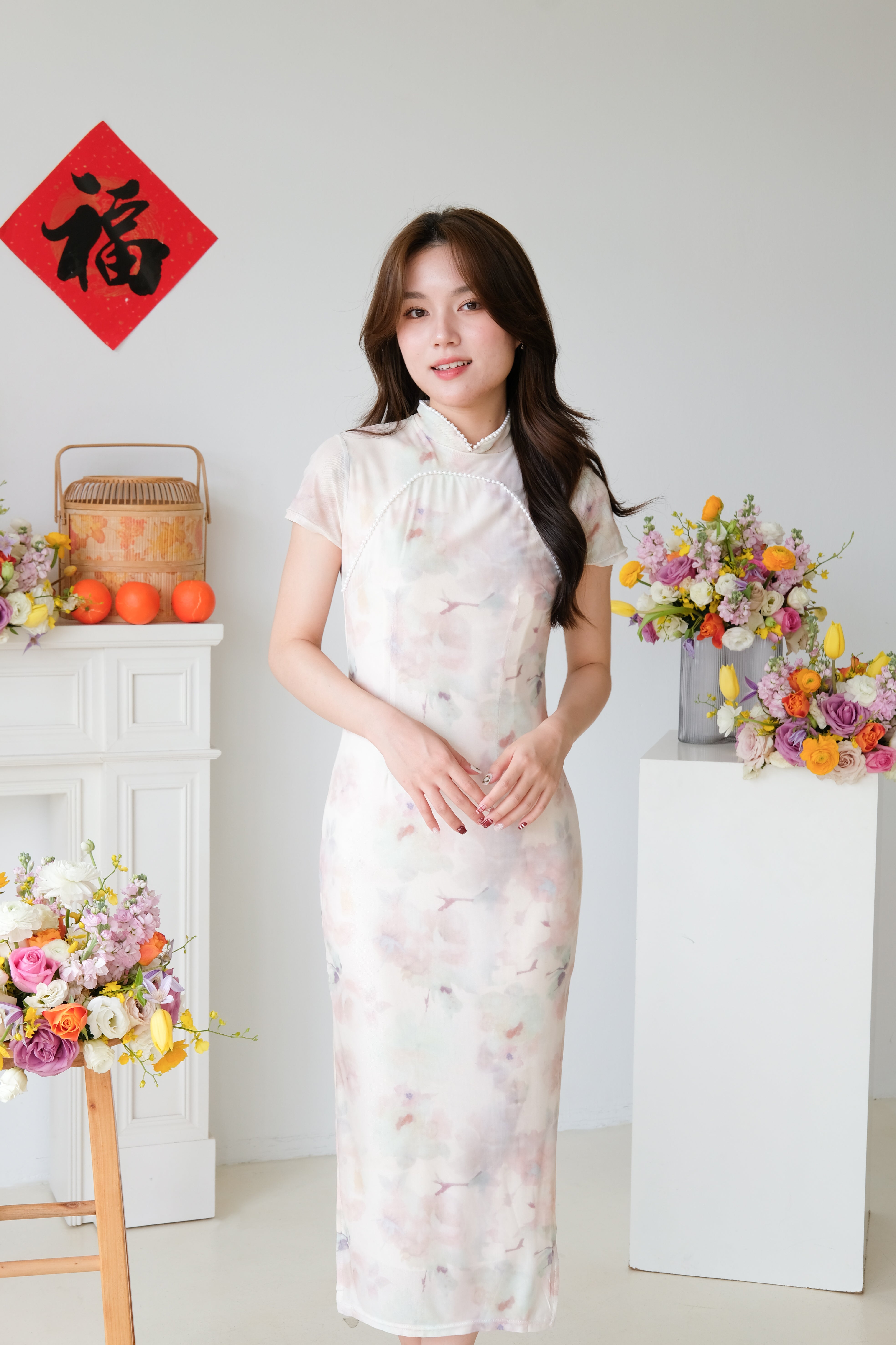 Emerald Mini Pearl Sleeve Maxi Cheongsam (Green Pink)