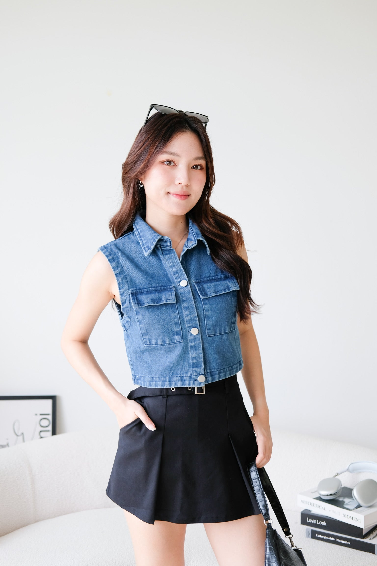Divine Collared Denim Vest (Medium Blue)