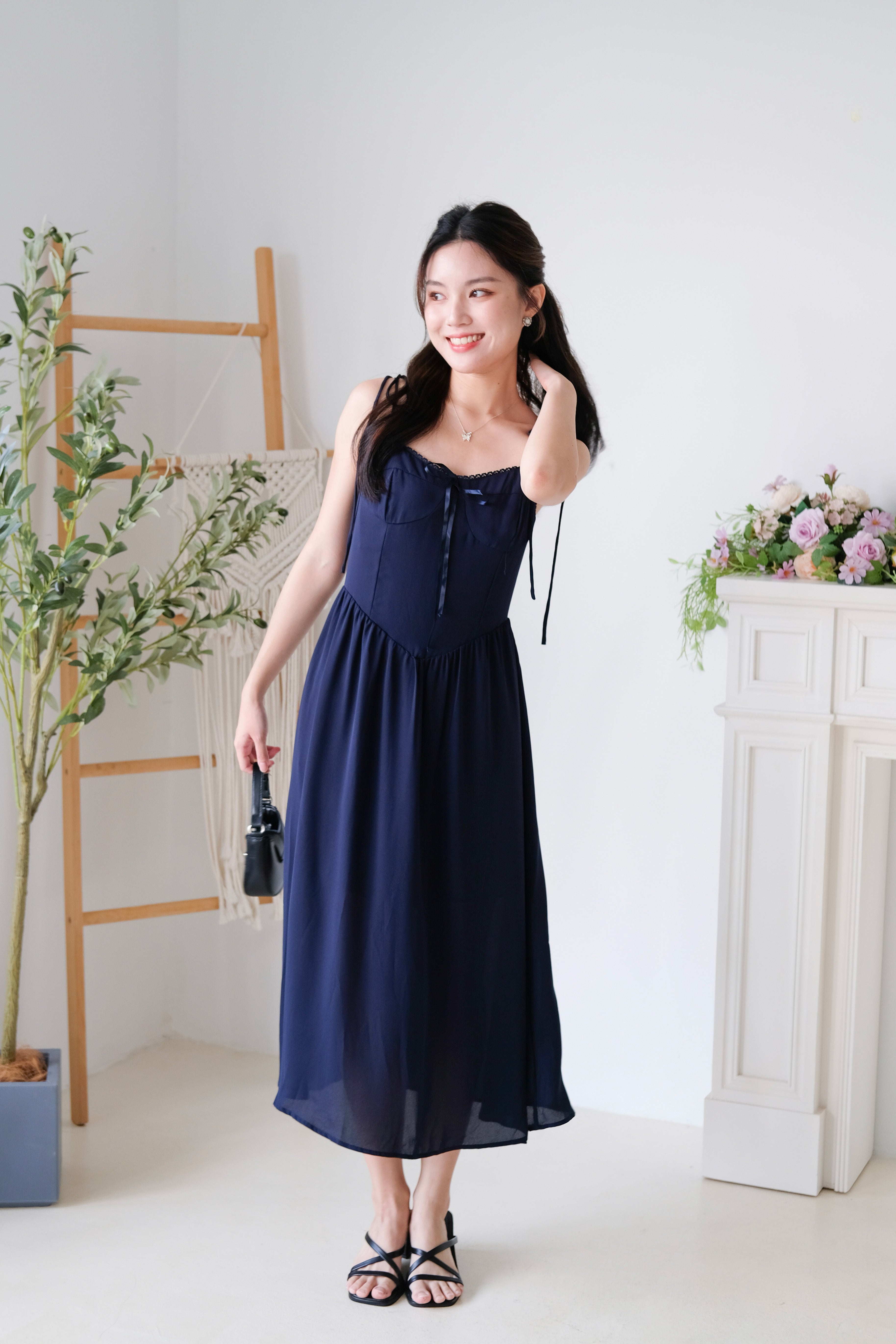 Rowena Coquette Midi Dress (Navy Blue)