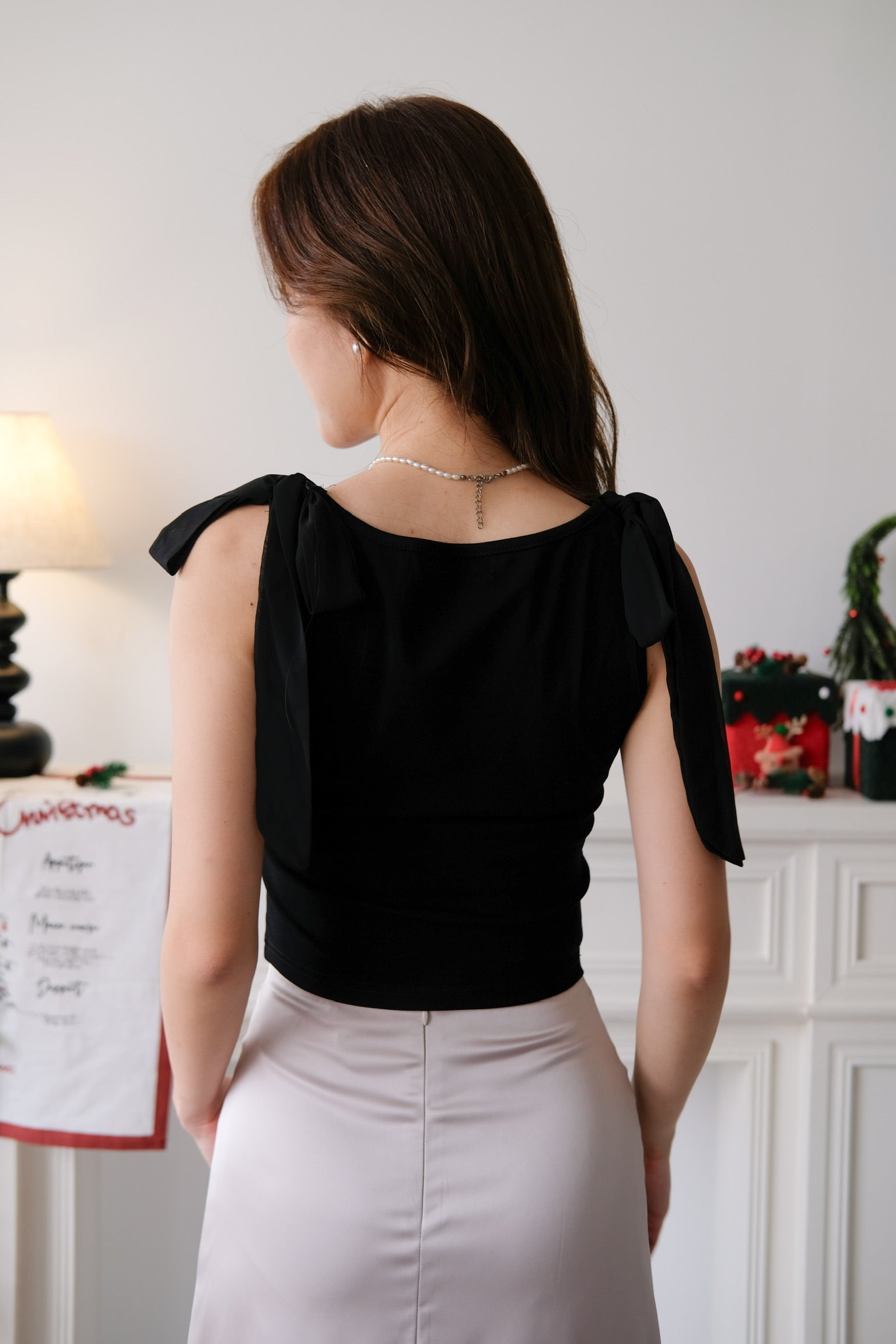 Bridget Self Tie Ribbon Crop Top (Black)