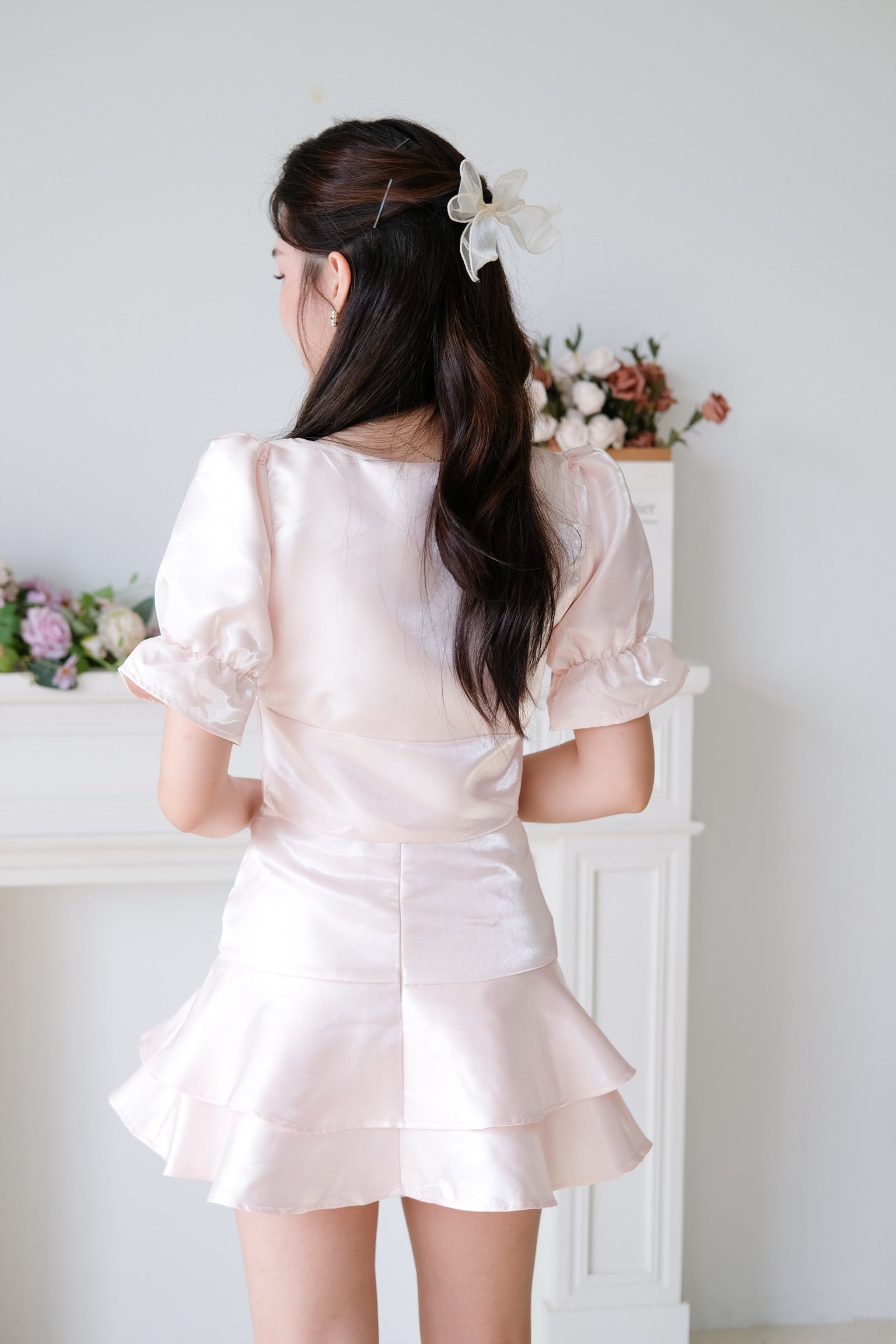 Lush Shimmer Satin Flare Set (Baby Pink)