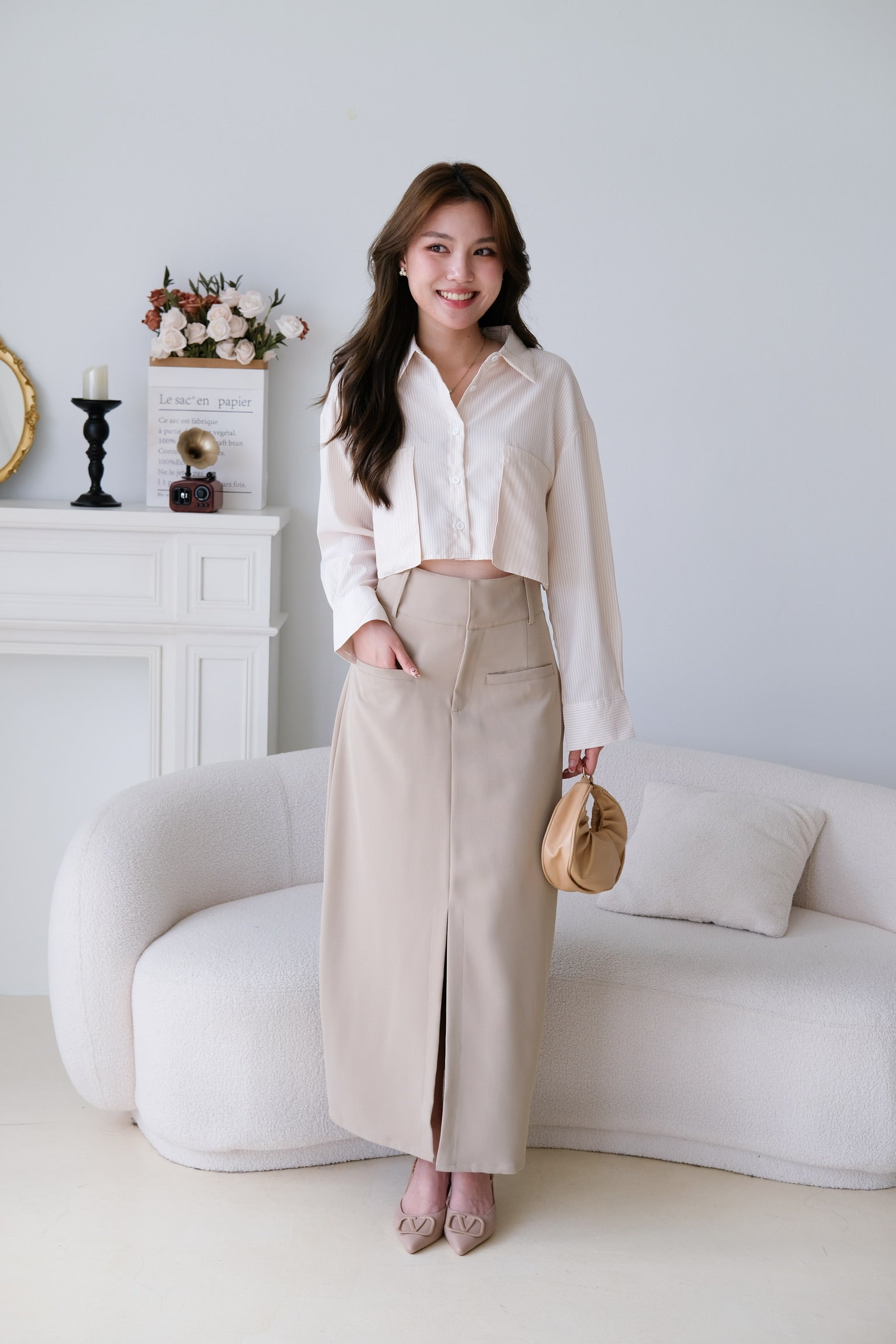 Josie Front Slit Maxi Straight Skirt (Khaki)