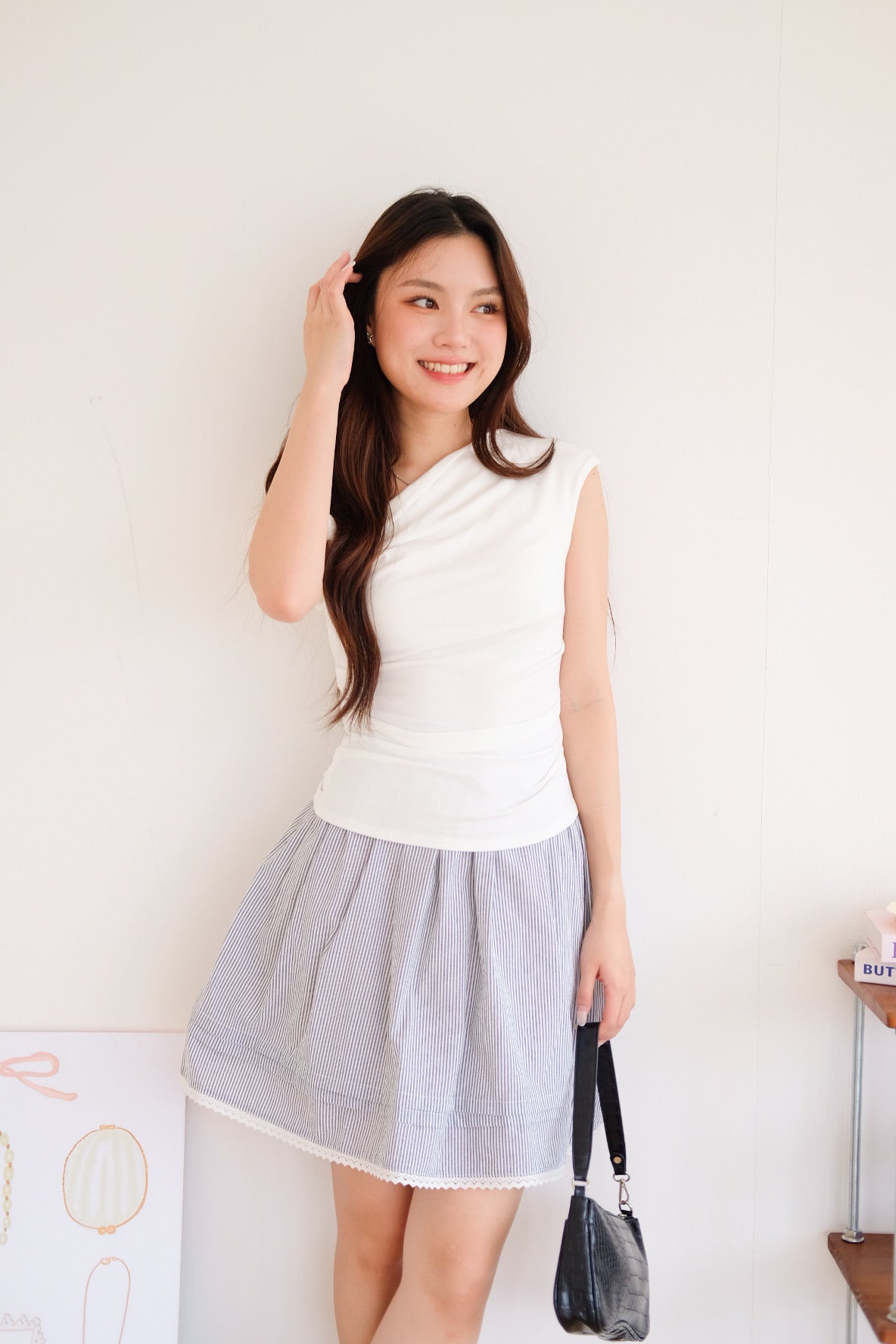 Reini Candy Stripes Knee Length Skirt (Black)