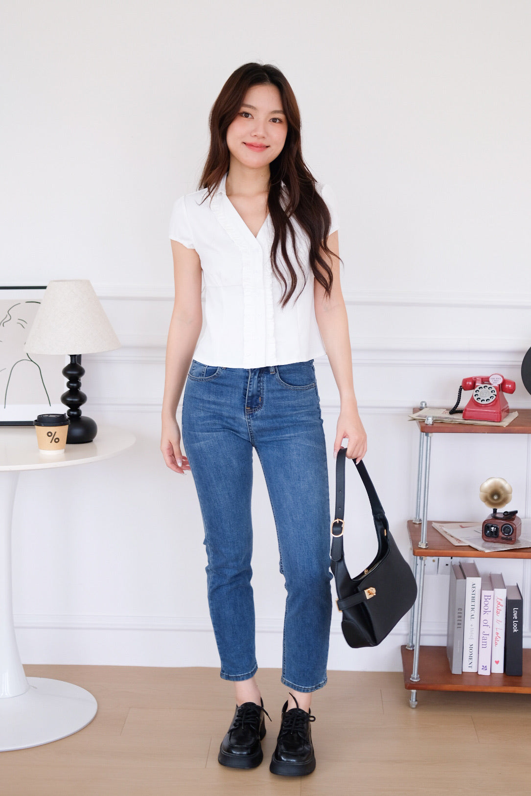 Marais Collared Ruffle Blouse Top (White)