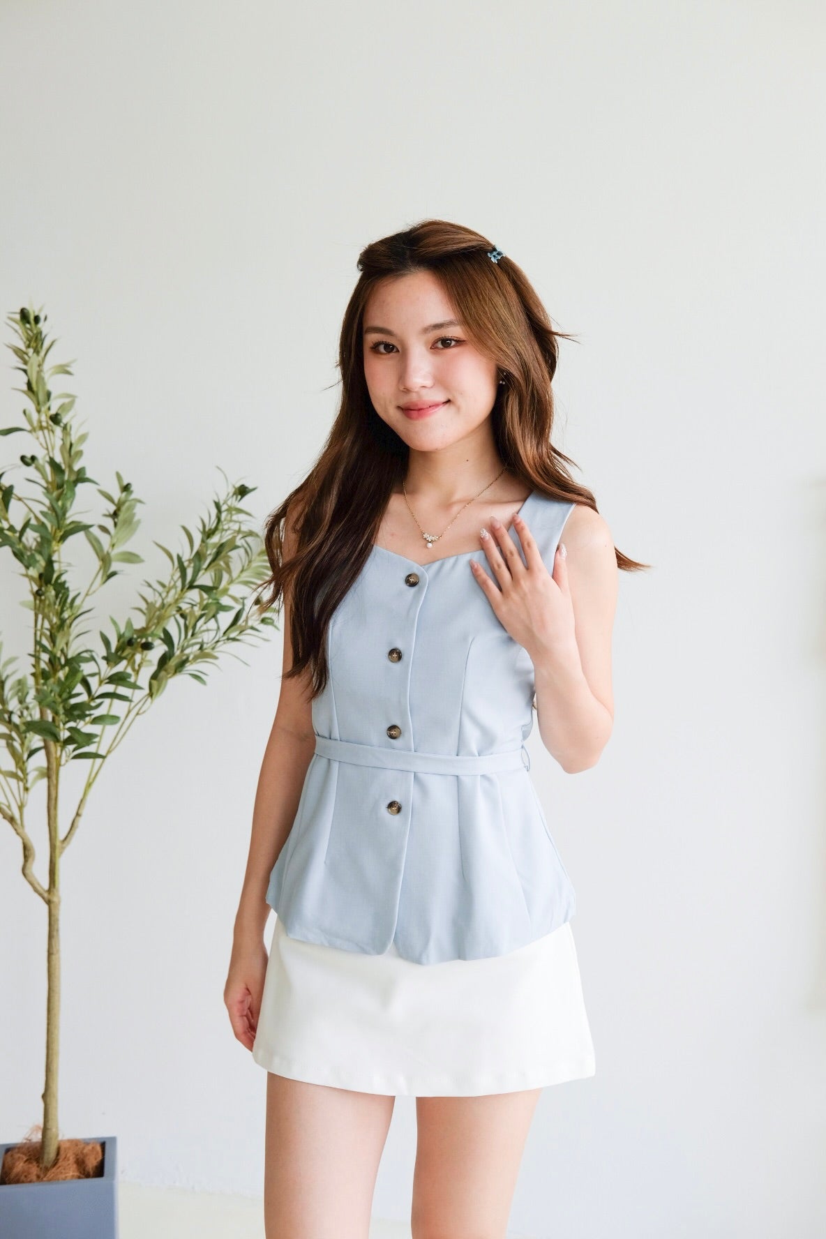 Katie Sweetheart Waist-Tie Top (Sky Blue)