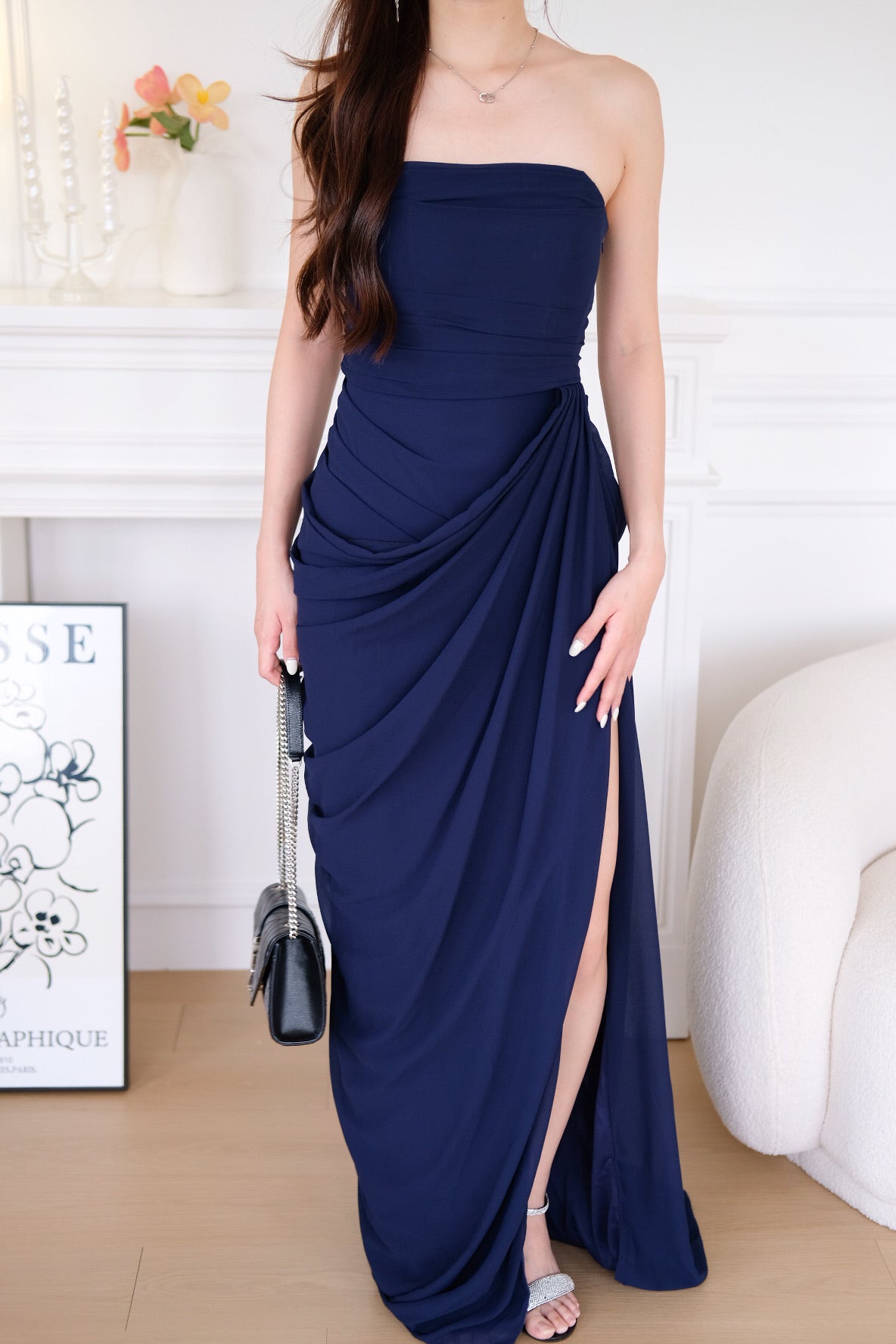 Seraphina Tube Corset Slit Maxi Dress (Navy Blue)