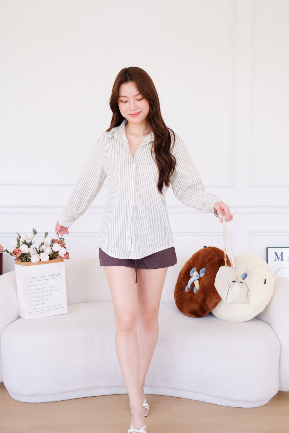 Henley Pinstripe Suede Shirt (Cream)