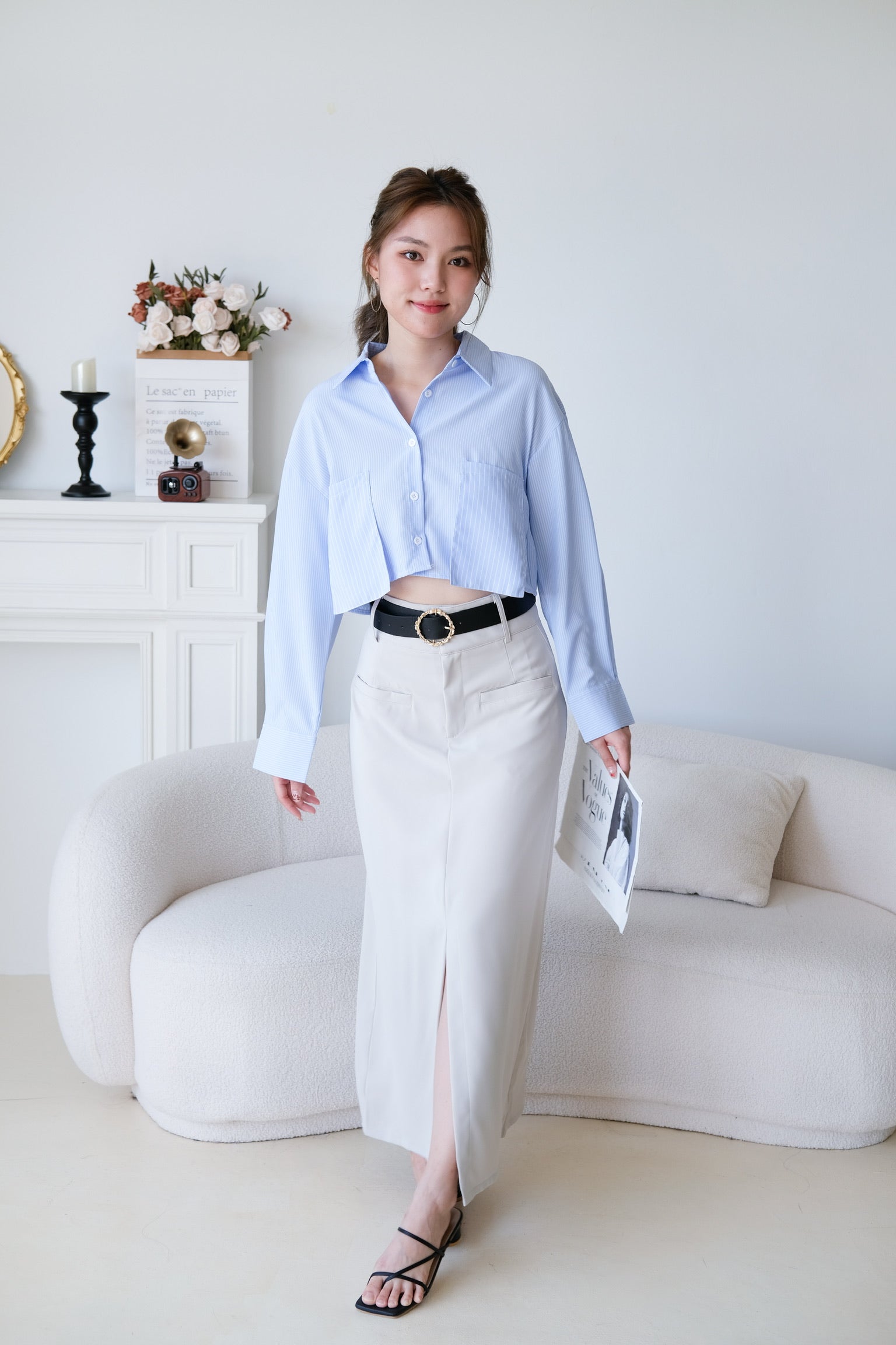 Josie Front Slit Maxi Straight Skirt (Cream)