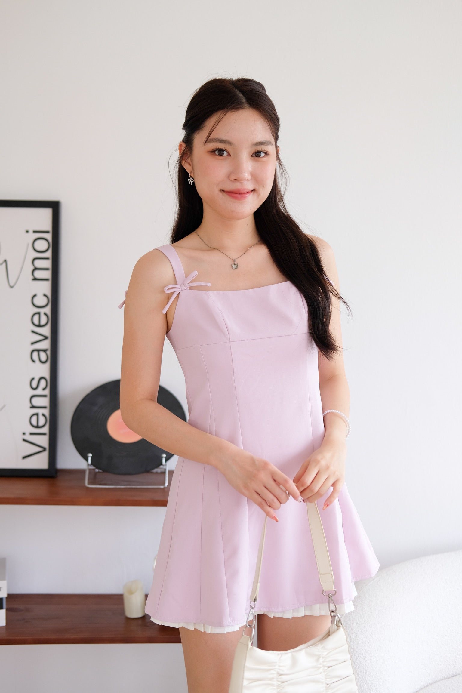 Coleen Ribbon Contrast Pleats Dress (Pinkish Purple)