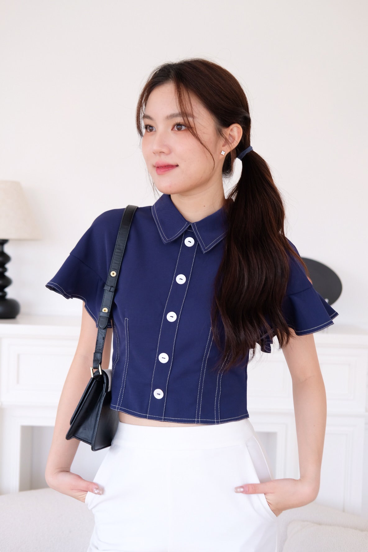 Juliana Contrast Flutter Sleeves Top (Navy Blue)