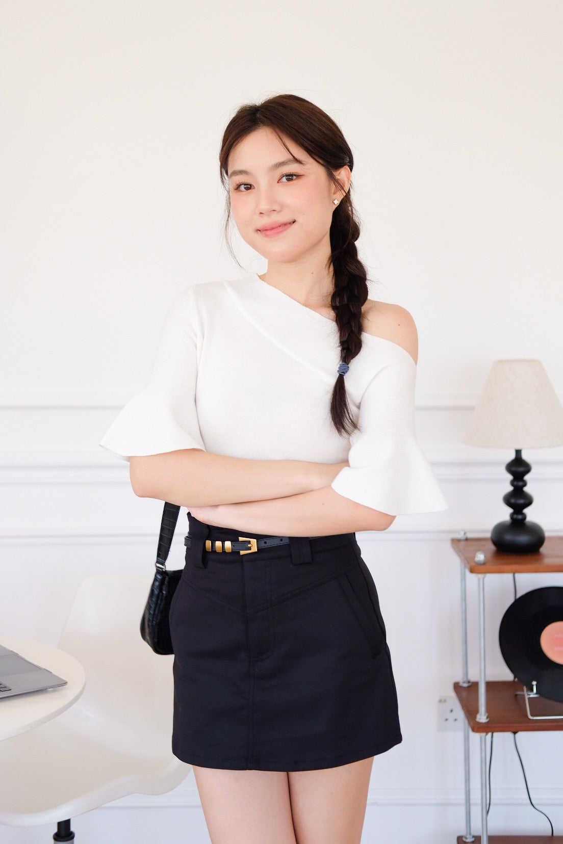 Elva Bell Sleeves Knit Top (White)