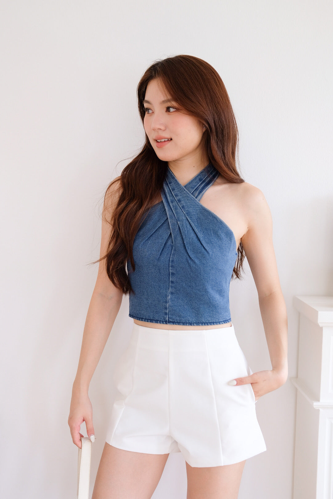 Veda Padded Halter Denim Crop Top (Dark Denim)