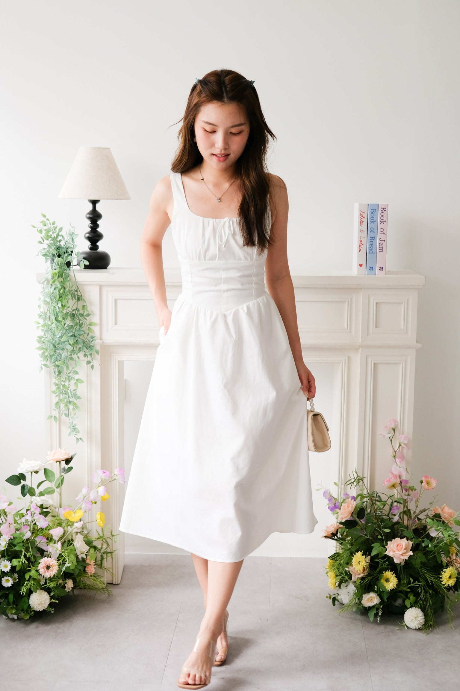 Carmie Thick Waist Midi Dress (White)