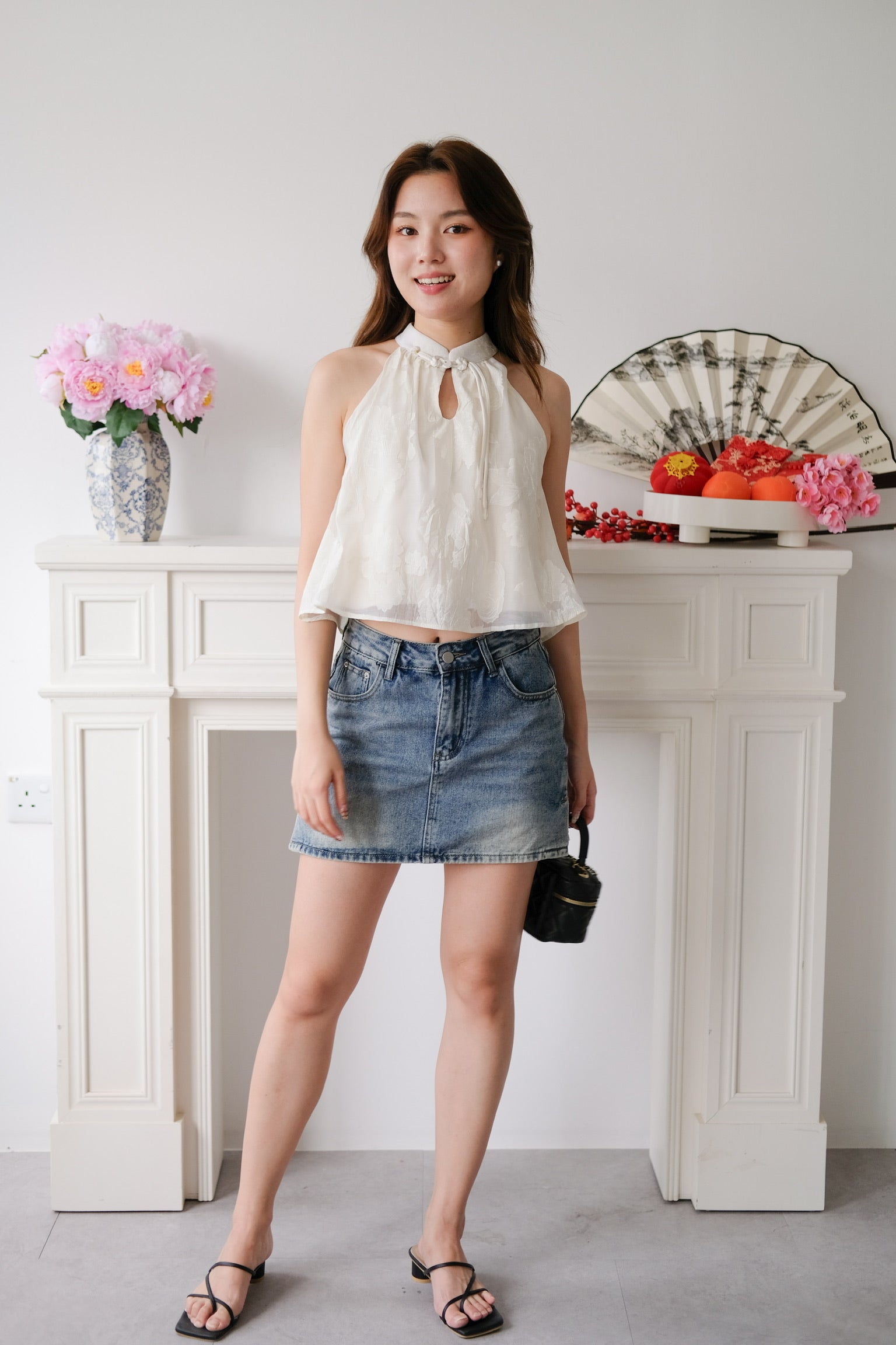 Chu Ran Floral Organza Cheongsam Top (Cream)