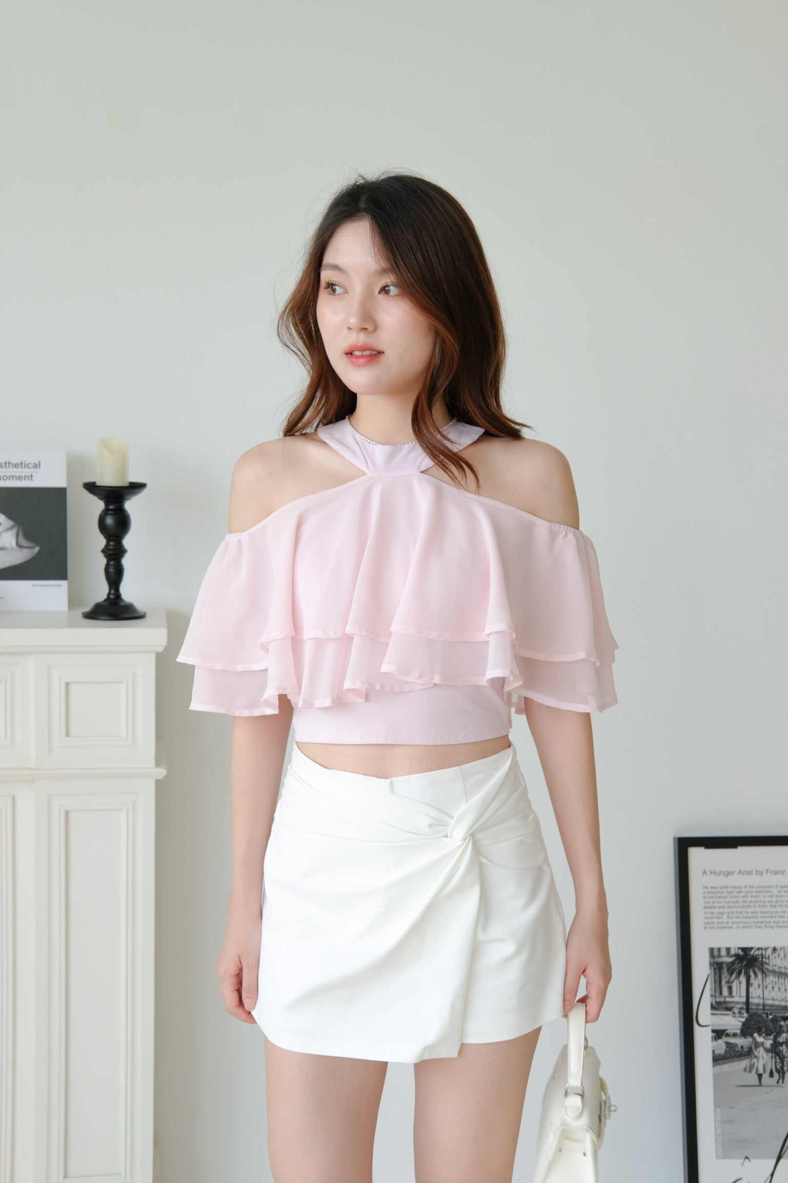 Estelle Halter Ruffle Tiered Crop (Pink)