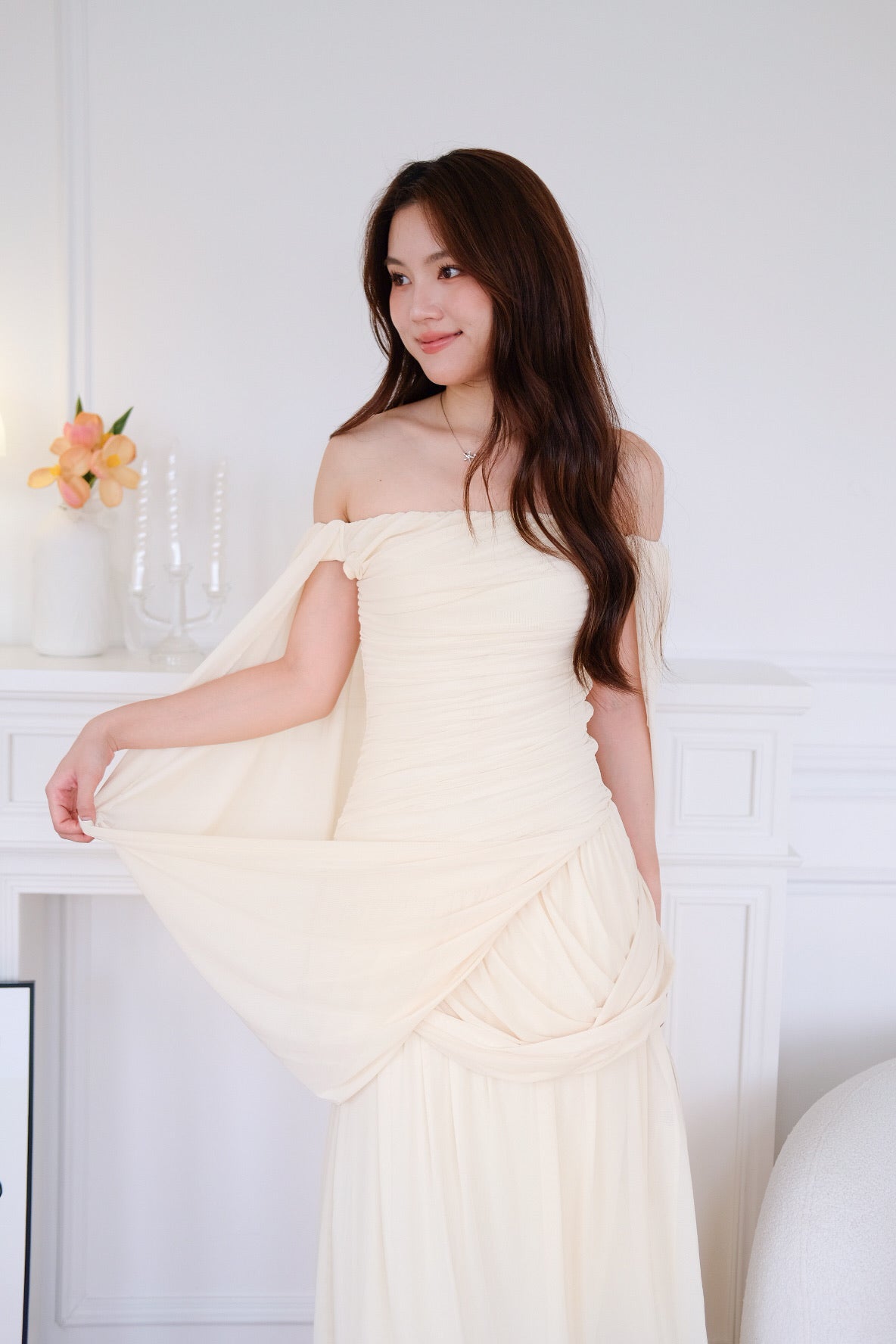 Jasmine Ruched Mesh Off Shoulder Maxi Dress (Pale Yellow)