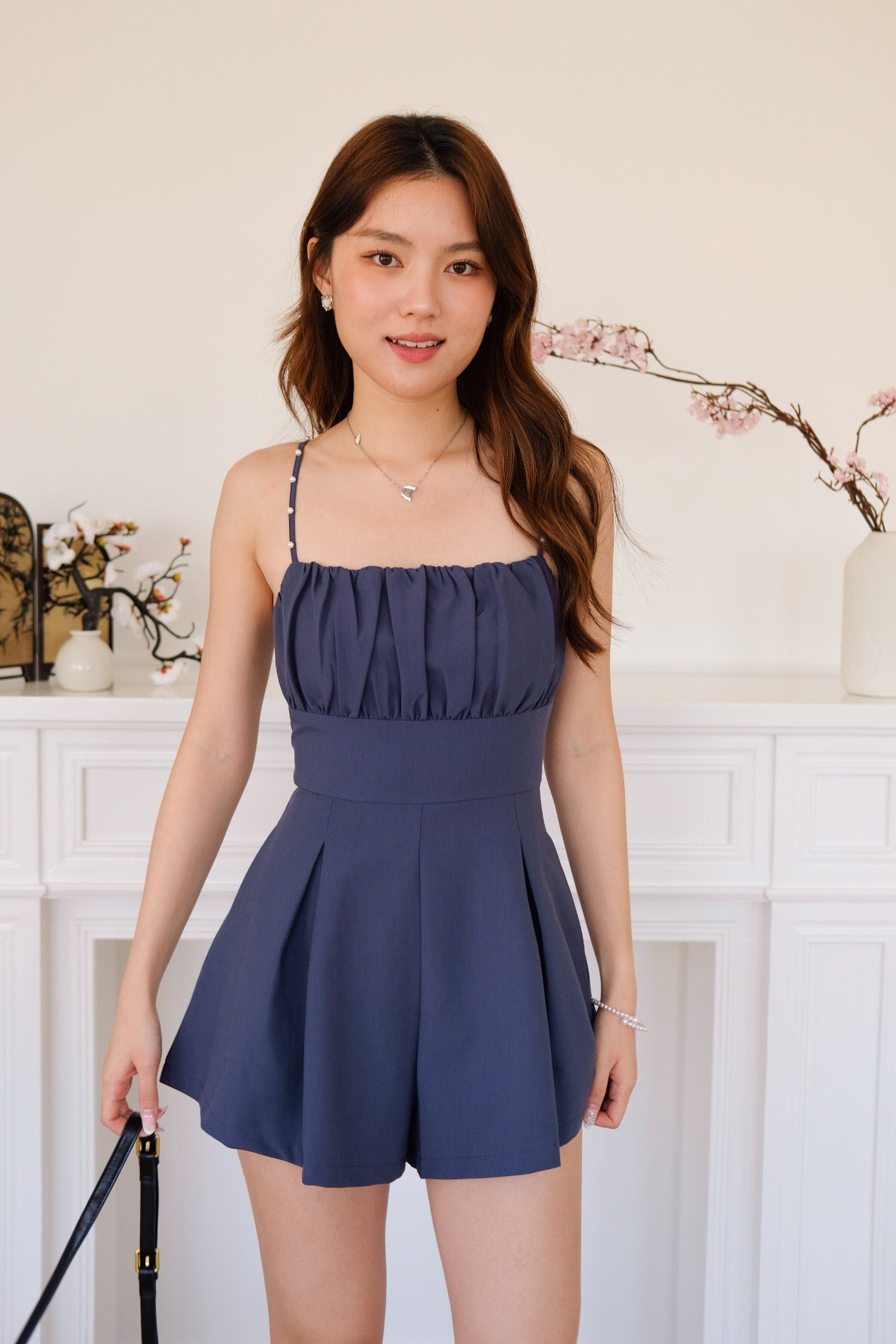 Ivonne Ruched Flare Padded Romper (Pigeon Blue)