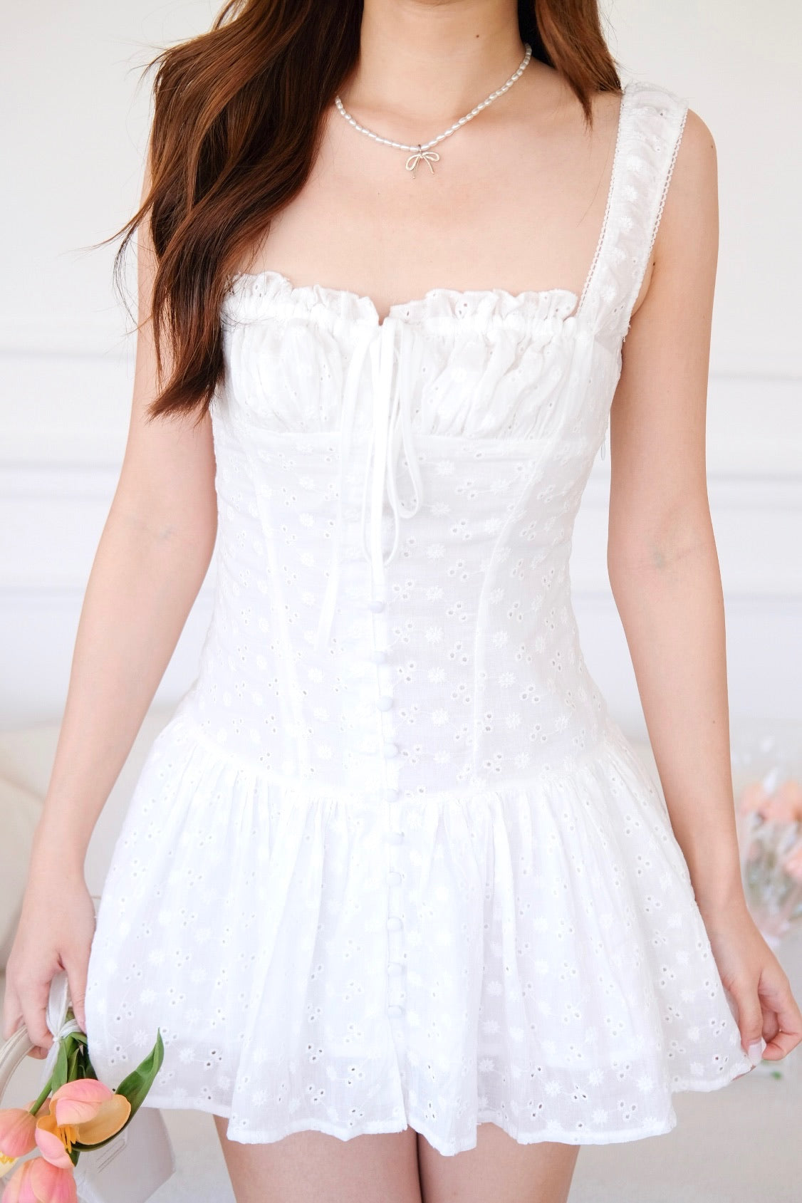 Avana Ruched Eyelet Dress (White)