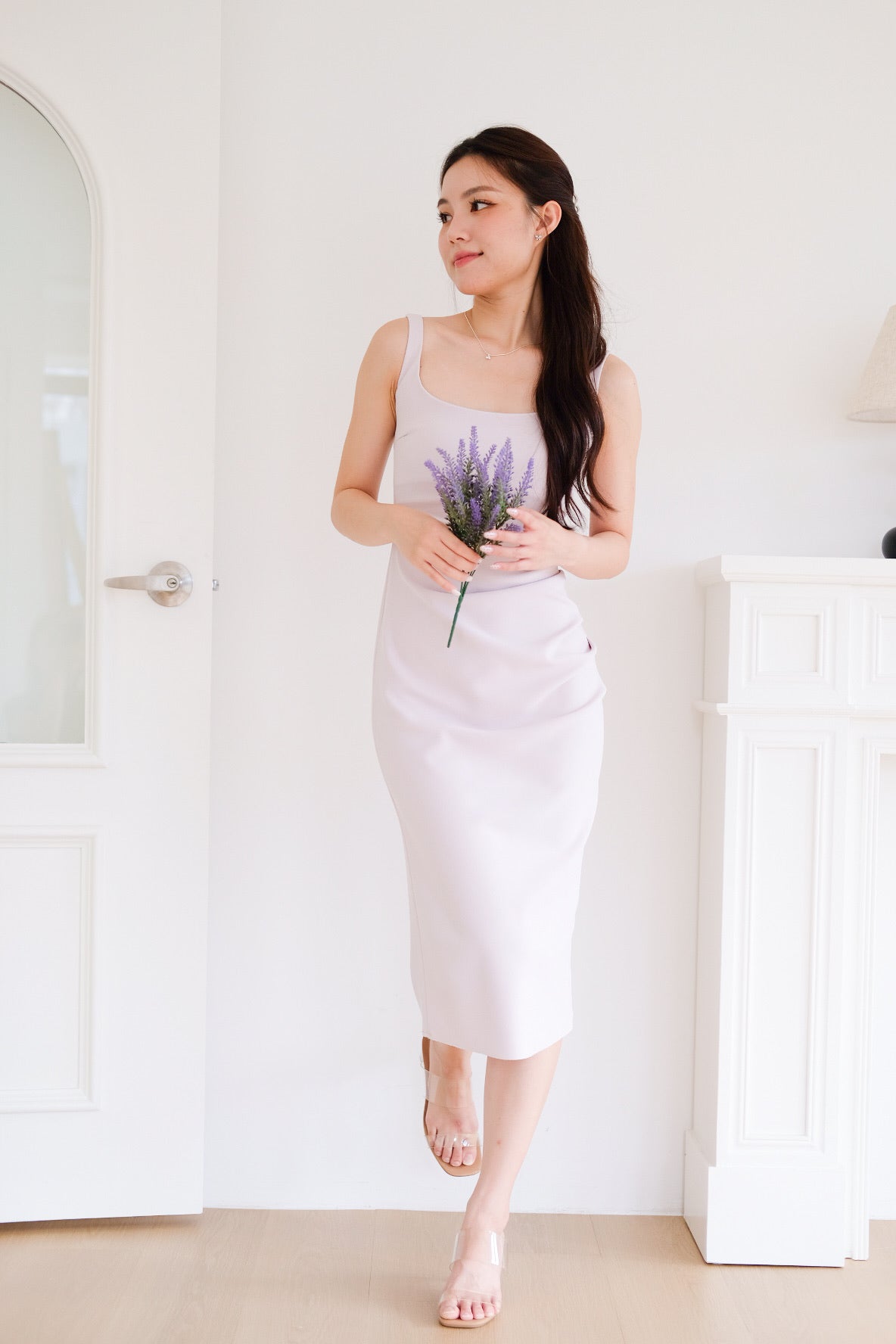 Claude Ruched Slim Fit Midi Dress (Pastel Purple)