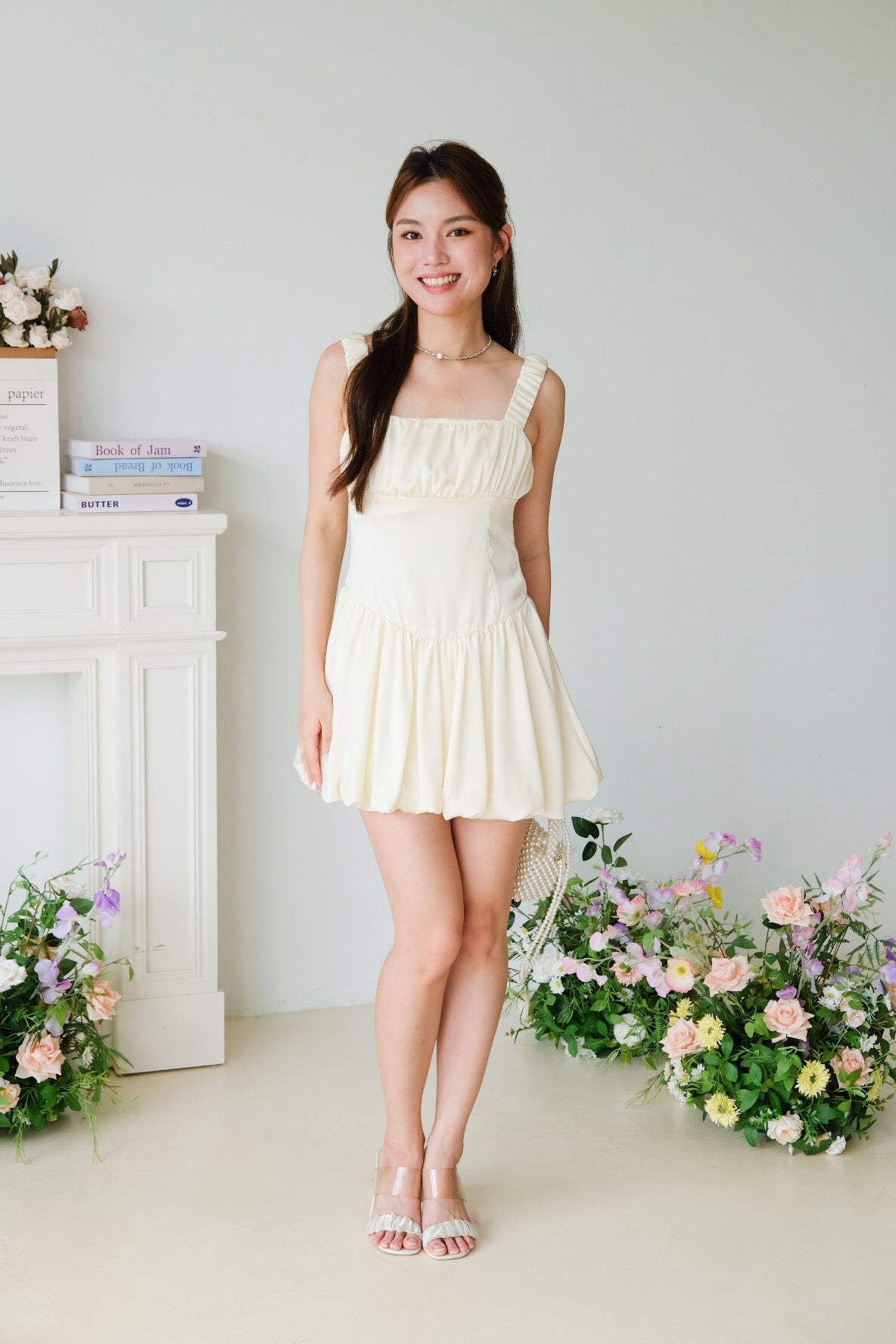 Alesha Ruched Bubble Skater Dress (Pale Yellow)