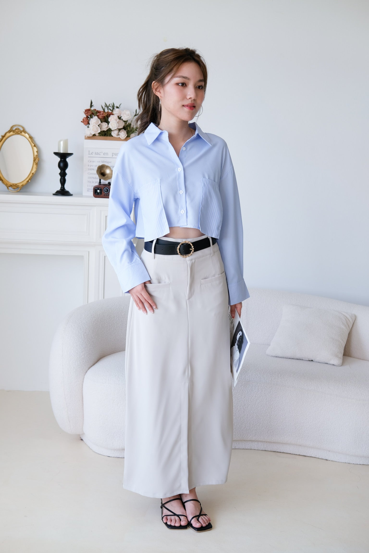 Josie Front Slit Maxi Straight Skirt (Cream)