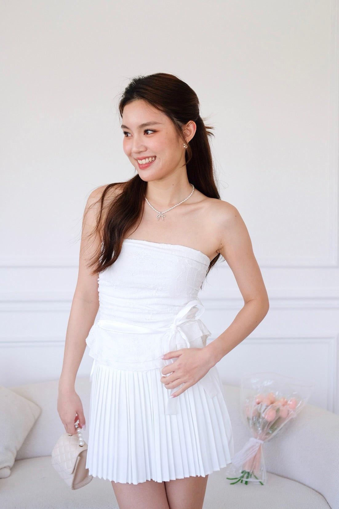 Cora Brocade Ribbon Tube Top (White)