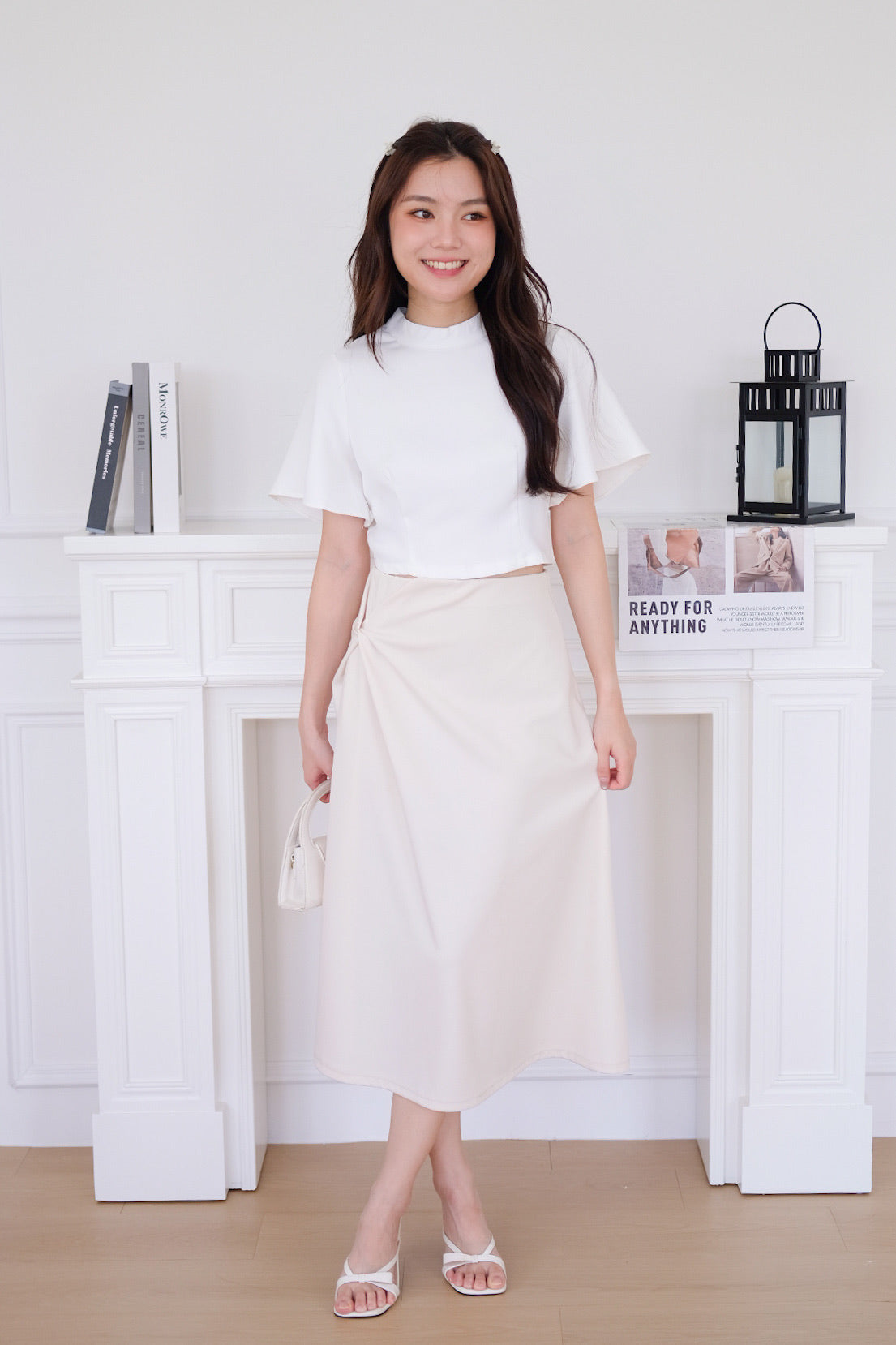 Veena Flutter Sleeves High Neck Top (White)