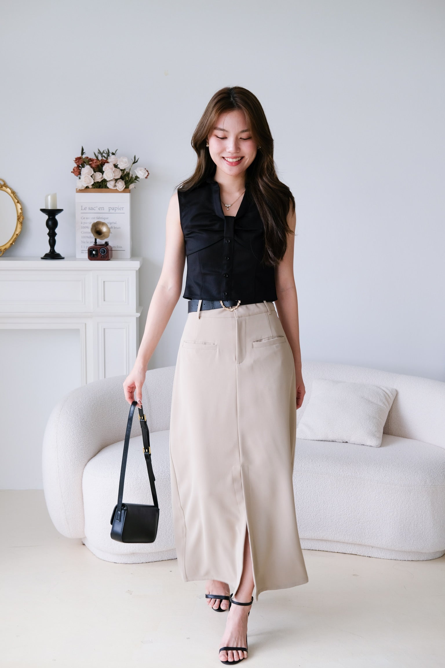 Josie Front Slit Maxi Straight Skirt (Khaki)