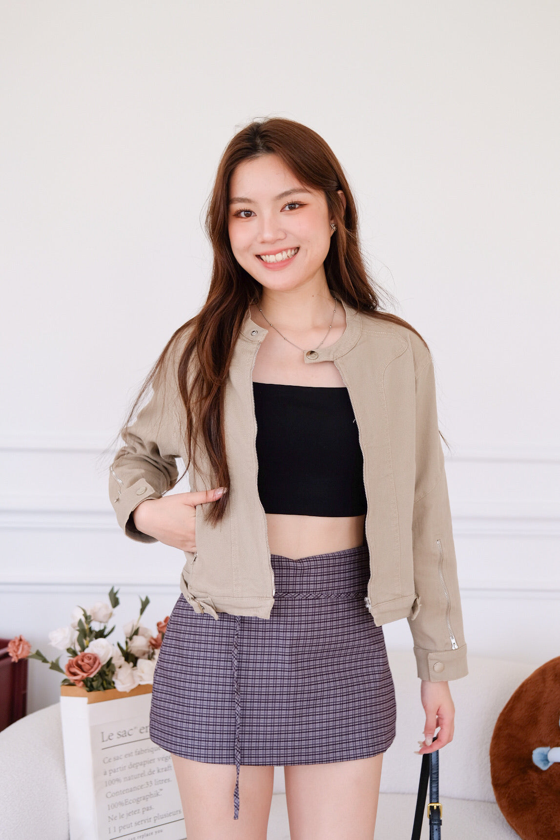 Maren Zip Cropped Denim Jacket (Taupe Grey)