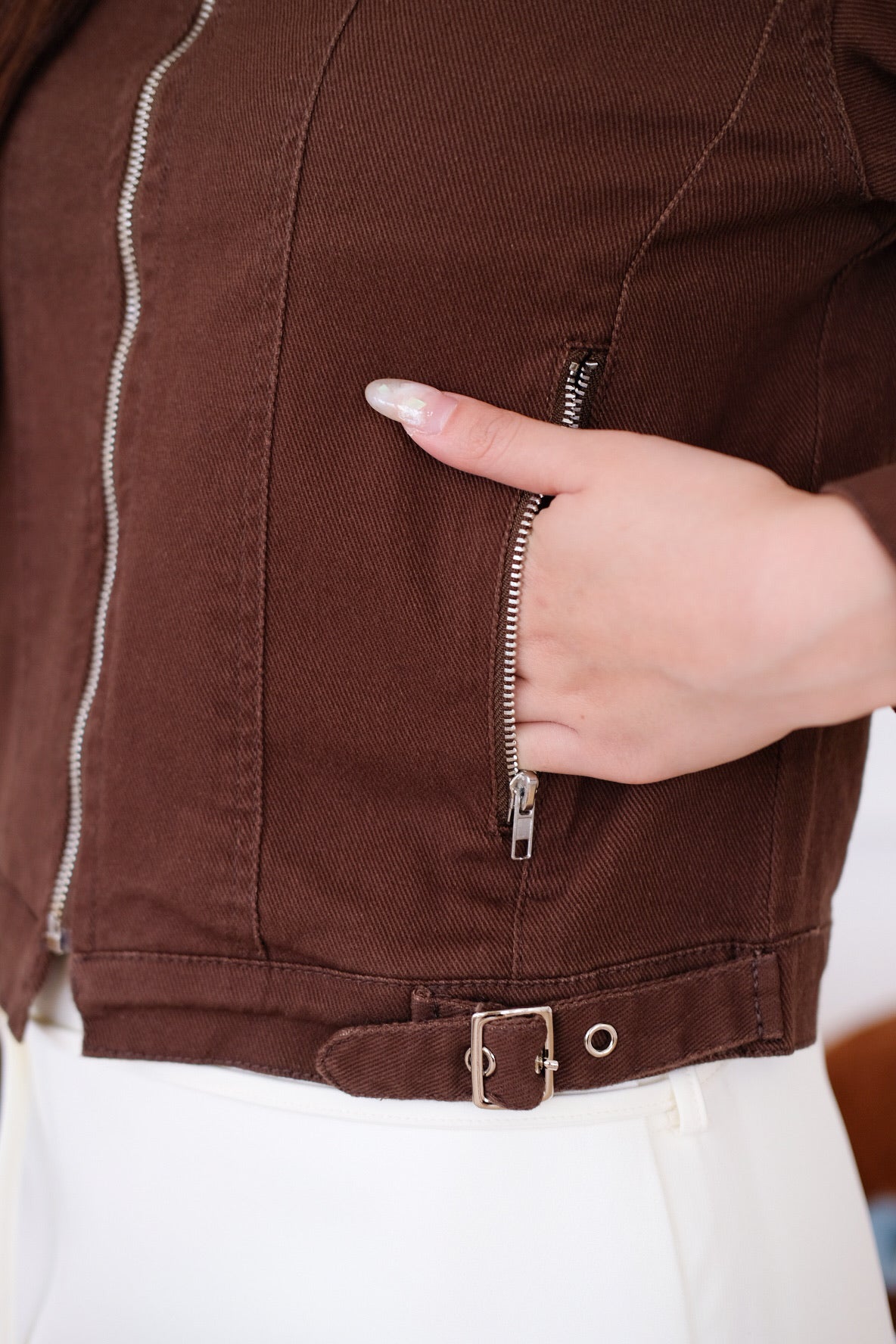 Maren Zip Cropped Denim Jacket (Mocha)