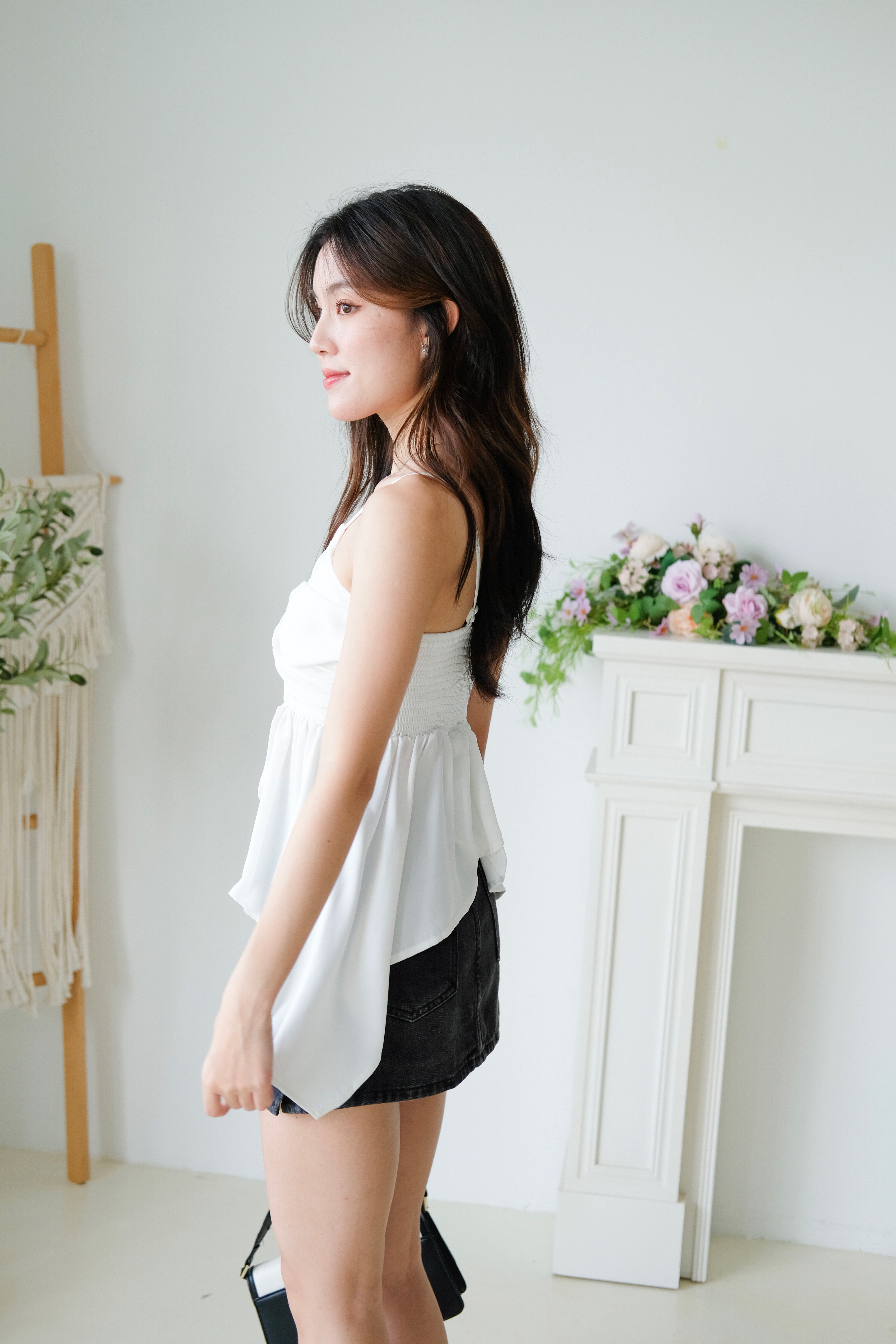 Natalie Twist Ruffle Asymmetrical Top (White)