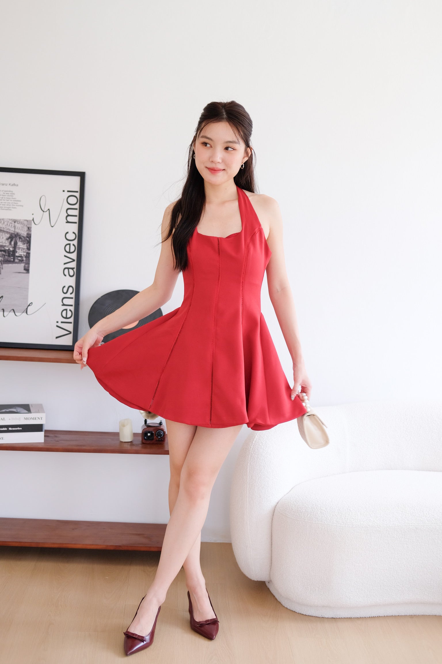 Violette Self Tie Halter Skater Dress (Red)