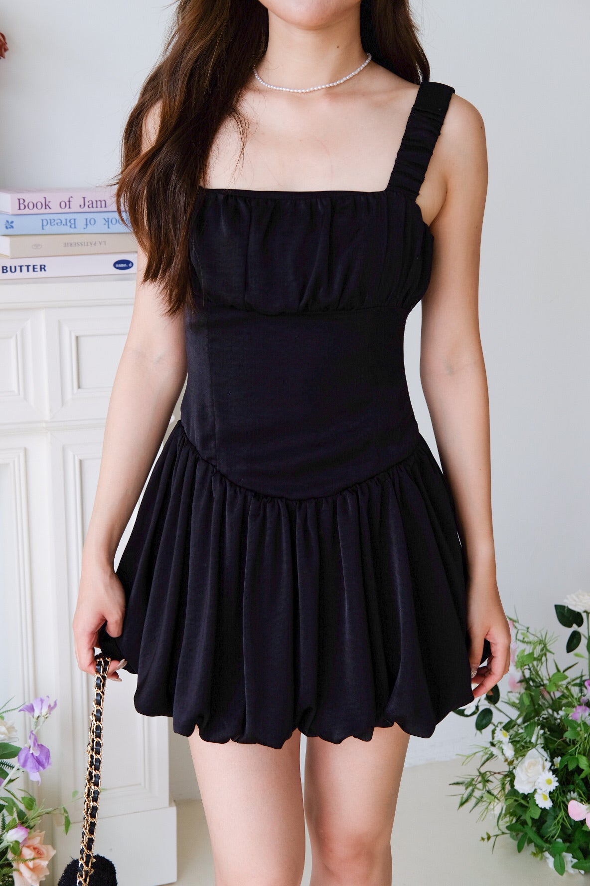 Alesha Ruched Bubble Skater Dress (Black)