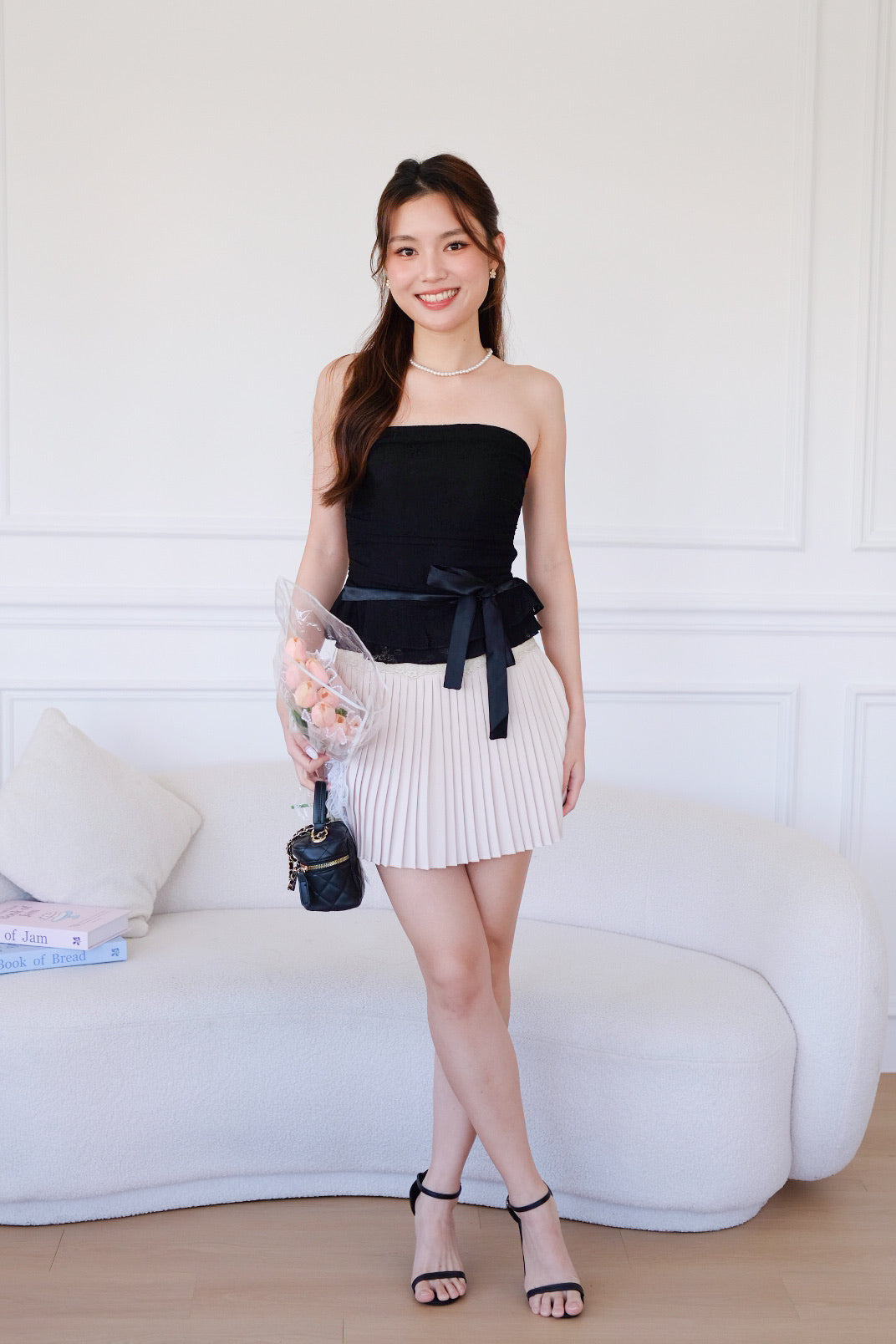 Cora Brocade Ribbon Tube Top (Black)