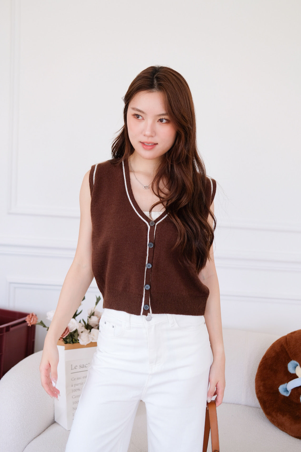 Tessa Contrast Knit Vest (Mocha)