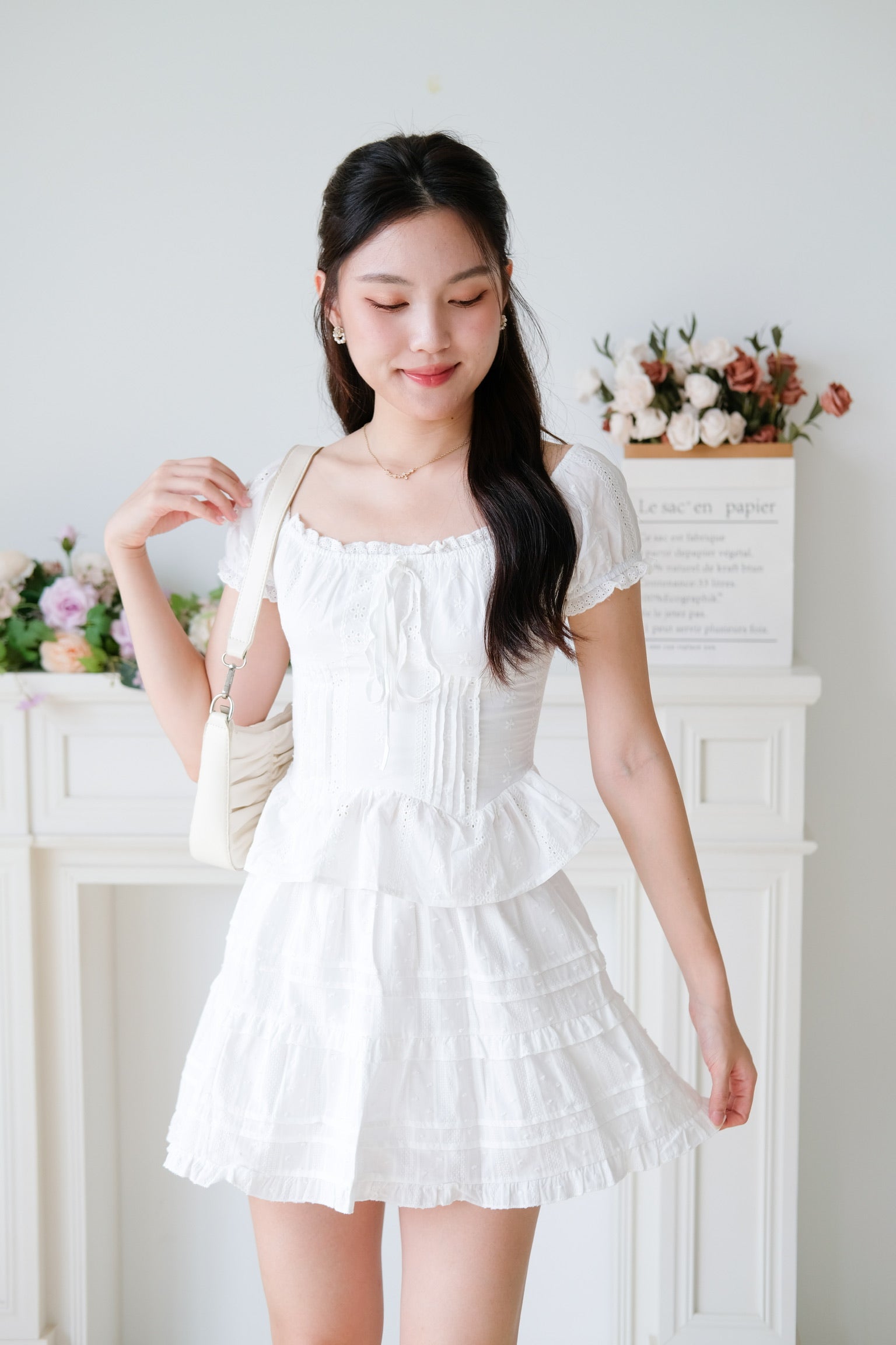 Nara Eyelet Off Shoulder Crop (White)